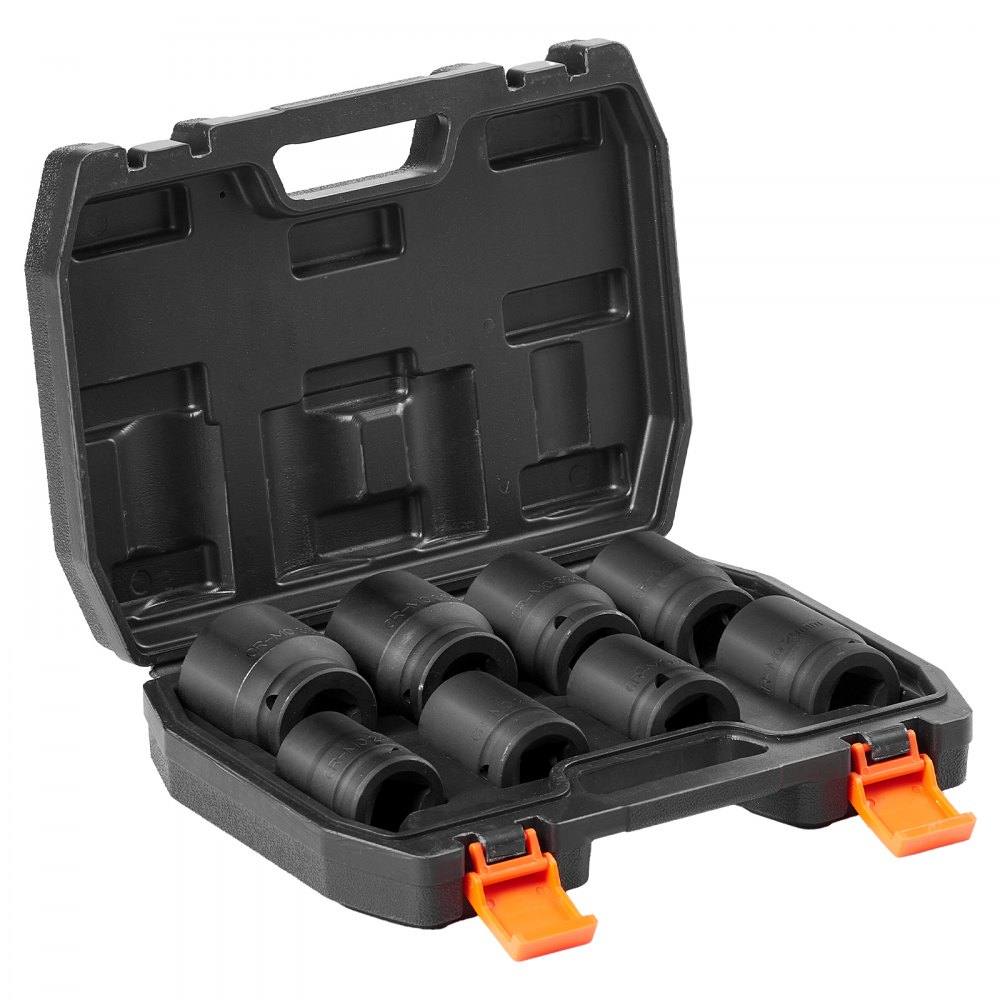 Juego de vasos de impacto para tuercas de eje VEVOR, 8 piezas, 6 puntas, entrada de 3/4", juego de vasos grandes CR-MO tratados térmicamente con estuche de almacenamiento, para reparación de automóviles, extracción o instalación de tuercas de eje.