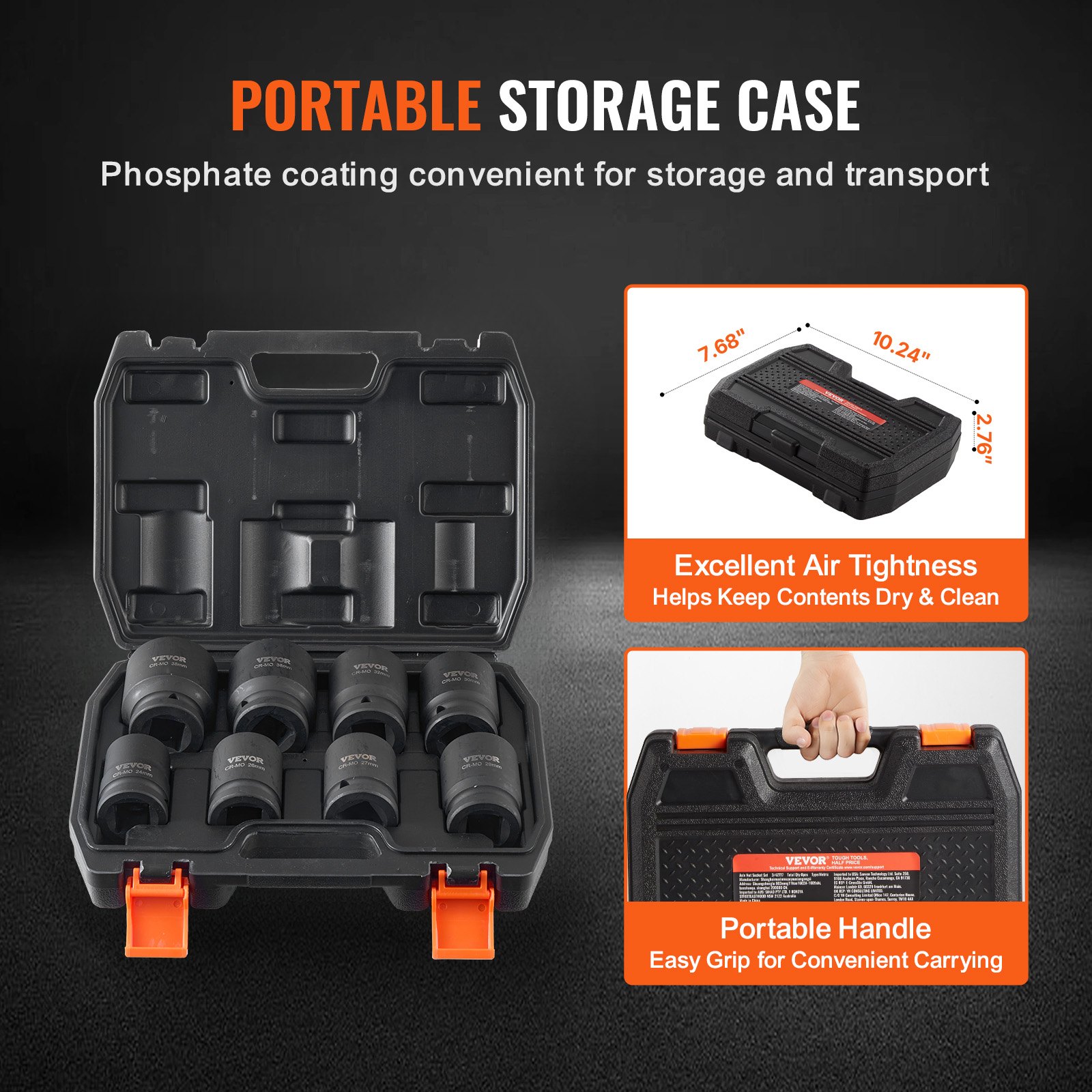 VEVOR Axle Nut Impact Socket Set, 3/4" Drive 6-Point 8-Piece Metric Spindle Nut Socket Set, CR-MO Heat Treated Large Socket Set with Storage Case, for Auto Repair, Removing or Installing Axle Nuts