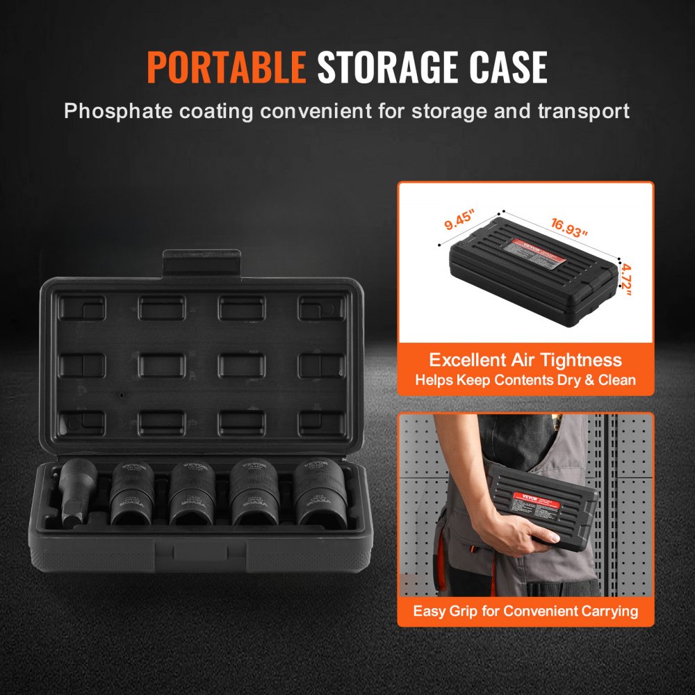 VEVOR Juego de Dados de Impacto para Tuercas de Rueda con Estuche de Almacenamiento y Barra de Extensión, Juego de Dados de 12,7 mm con Sistema Métrico y SAE de 6 Puntas, 4 Tamaños de Tuercas