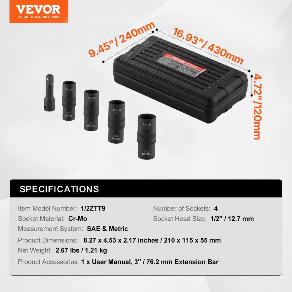 VEVOR Juego de Dados de Impacto para Tuercas de Rueda con Estuche de Almacenamiento y Barra de Extensión, Juego de Dados de 12,7 mm con Sistema Métrico y SAE de 6 Puntas, 4 Tamaños de Tuercas