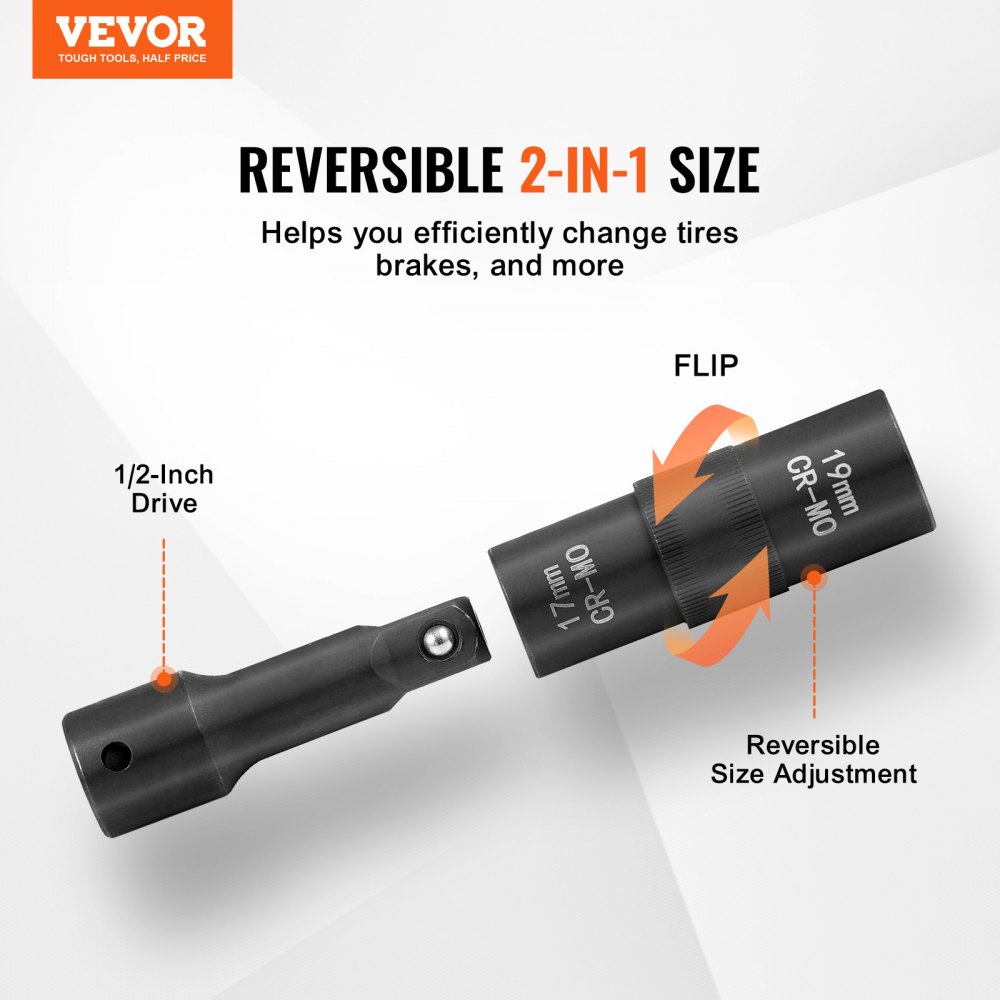 VEVOR Juego de Dados de Impacto para Tuercas de Rueda con Estuche de Almacenamiento y Barra de Extensión, Juego de Dados de 12,7 mm con Sistema Métrico y SAE de 6 Puntas, 4 Tamaños de Tuercas