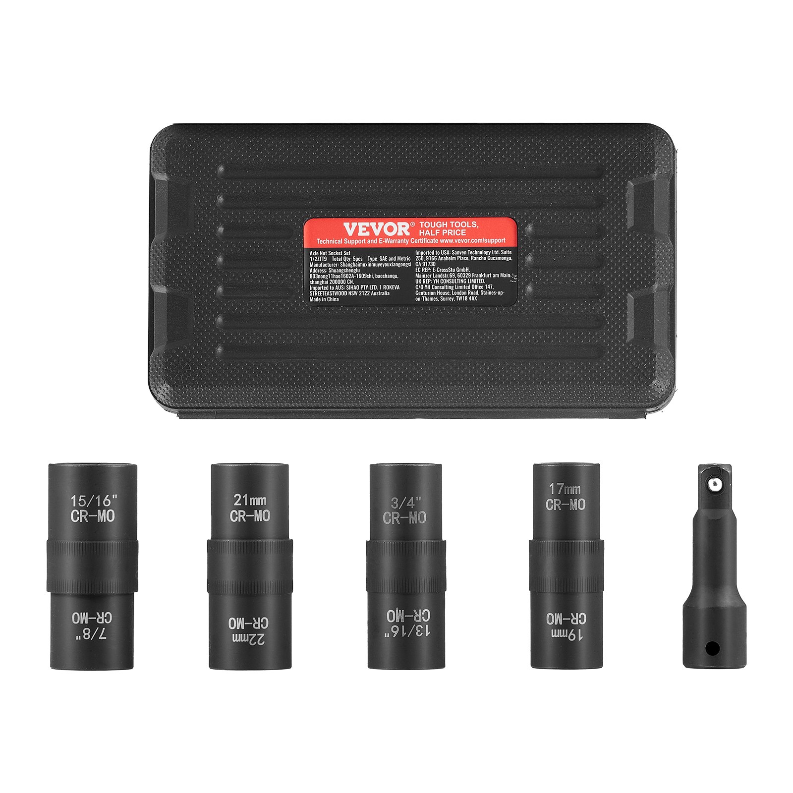 VEVOR Juego de Dados de Impacto para Tuercas de Rueda con Estuche de Almacenamiento y Barra de Extensión, Juego de Dados de 12,7 mm con Sistema Métrico y SAE de 6 Puntas, 4 Tamaños de Tuercas