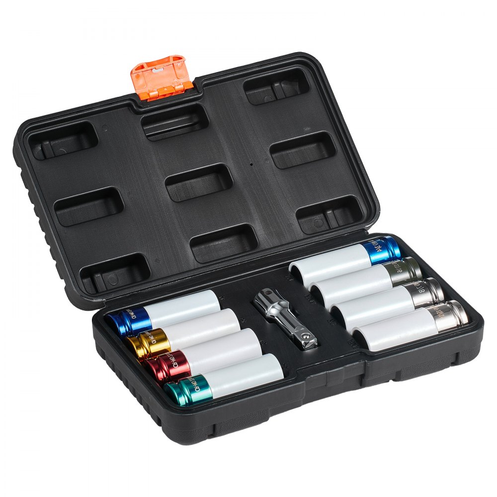 VEVOR Kit de Dados de Impacto para Tuercas de Rueda con Estuche de Almacenamiento y Barra de Extensión Kit de dados Profundos SAE de 6 Puntas y Métricos con Impulsión de 12,7 mm, 8 tamaños de tuercas