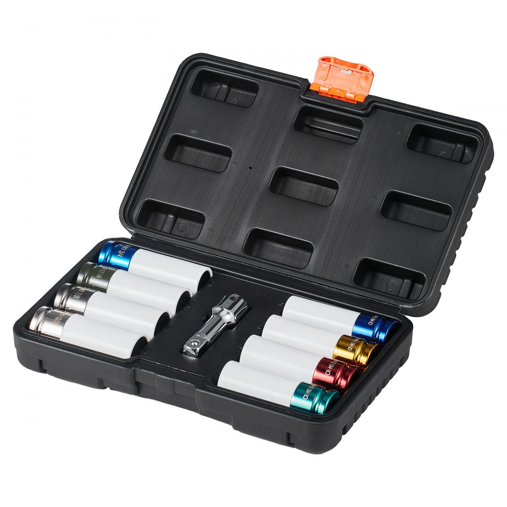 VEVOR Kit de Dados de Impacto para Tuercas de Rueda con Estuche de Almacenamiento y Barra de Extensión Kit de dados Profundos SAE de 6 Puntas y Métricos con Impulsión de 12,7 mm, 8 tamaños de tuercas