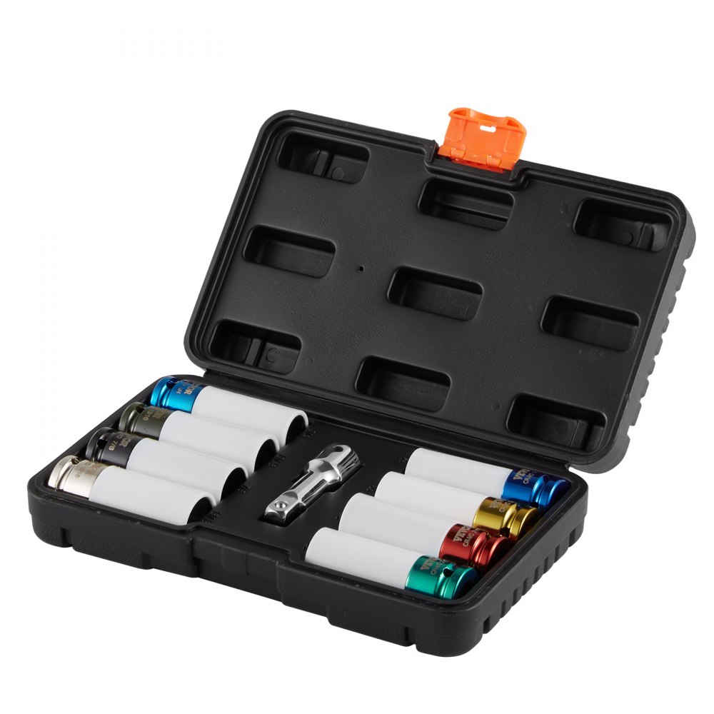 VEVOR Kit de Dados de Impacto para Tuercas de Rueda con Estuche de Almacenamiento y Barra de Extensión Kit de dados Profundos SAE de 6 Puntas y Métricos con Impulsión de 12,7 mm, 8 tamaños de tuercas