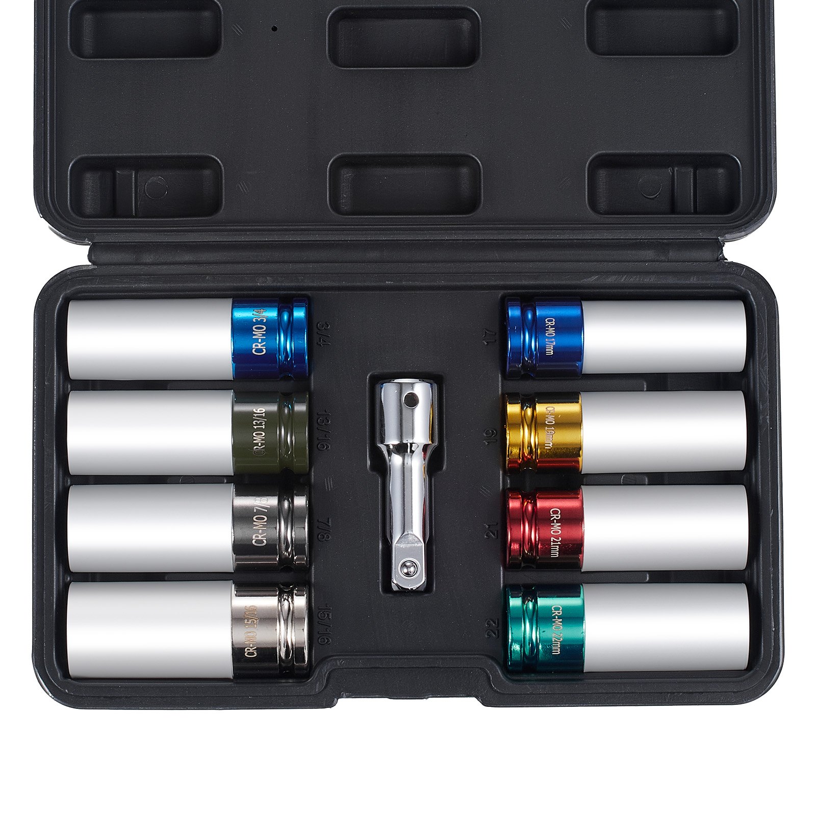 VEVOR Kit de Dados de Impacto para Tuercas de Rueda con Estuche de Almacenamiento y Barra de Extensión Kit de dados Profundos SAE de 6 Puntas y Métricos con Impulsión de 12,7 mm, 8 tamaños de tuercas