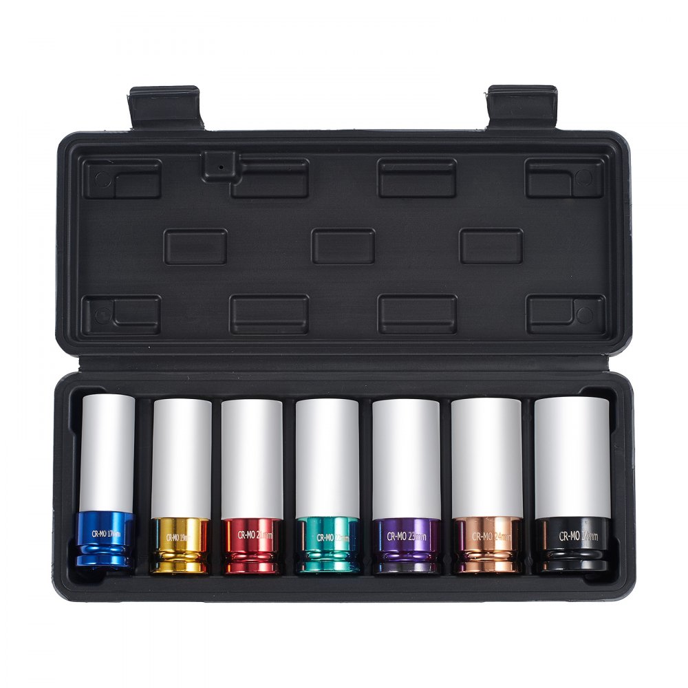 VEVOR Juego de Dados de Impacto para Tuercas de Rueda Kit de Dados Profundos Métricos de 6 Puntas con Impulsión de 12,7 mm, 7 Tamaños de Tuercas 17/19/21/22/23/24/27 mm con Estuche de Almacenamiento