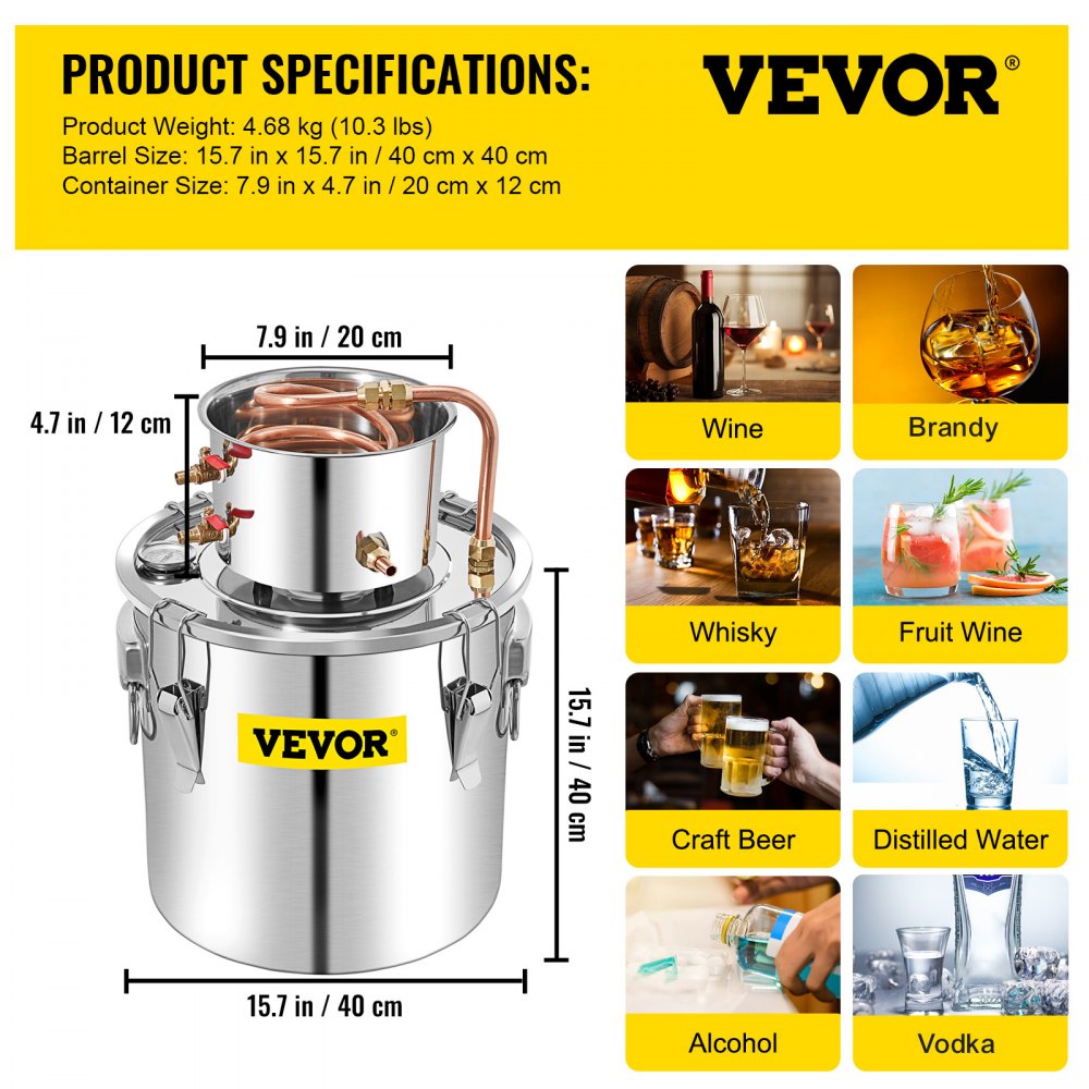 VEVOR Destilar alcoho Destilar vino Alambique 50 L Destilador de Vino Agua con Termómetro 1 Barril