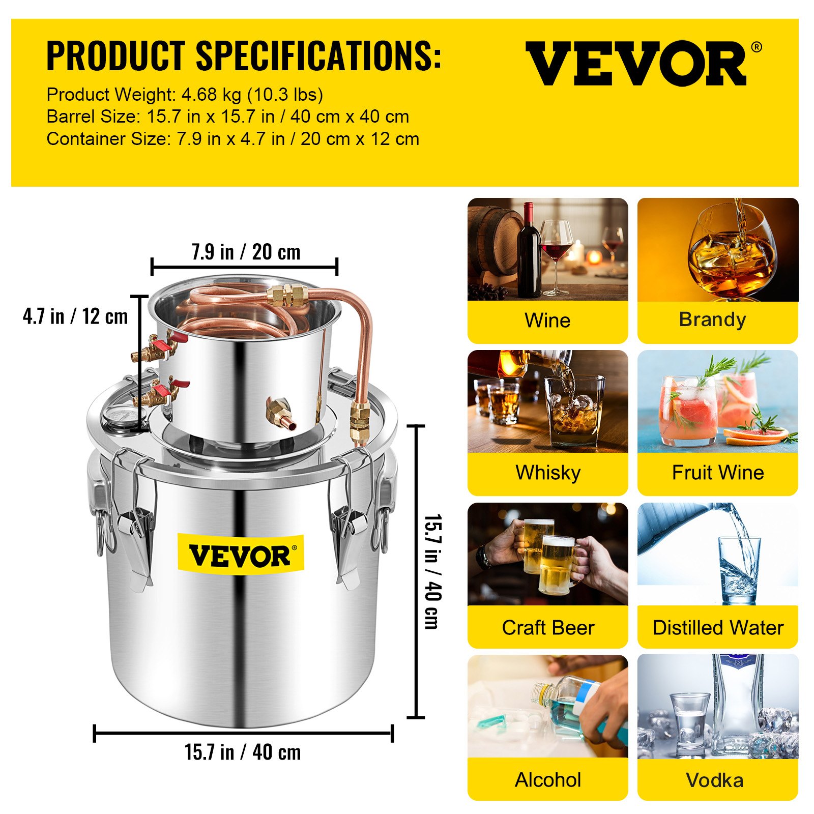 VEVOR Destilar alcoho Destilar vino Alambique 50 L Destilador de Vino Agua con Termómetro 1 Barril