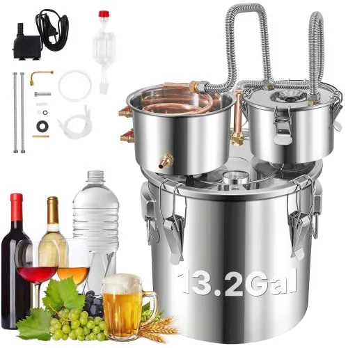 Destilador de alcohol VEVOR, 50 l (13,2 galones), acero inoxidable, tubo de cobre, kit de elaboración casera con termómetro integrado para whisky, vino y brandy, color plateado