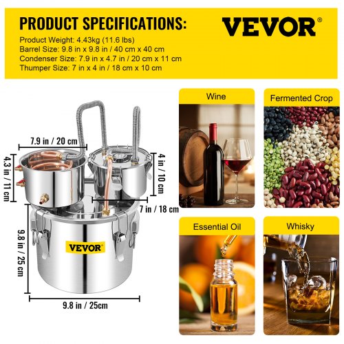 VEVOR Moonshine Still - Tubo de cobre para destilador de alcohol de 12 litros con bomba circulante, kit de elaboración casera, termómetro integrado para hacer whisky, vino, brandy, acero inoxidable