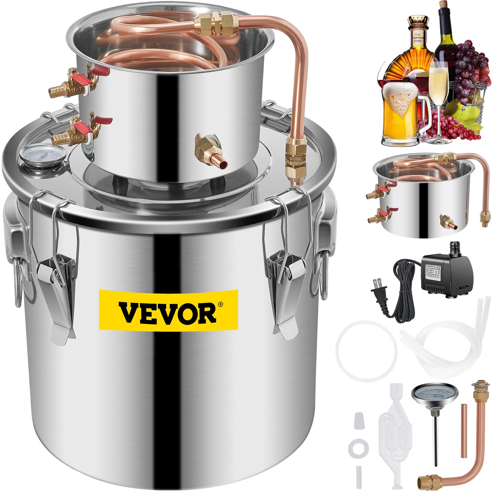VEVOR Destilar alcoho Destilar vino Moonshine Still 5 galones kit de destilería con bomba circulante tubo de cobre alambique con kit de destilación