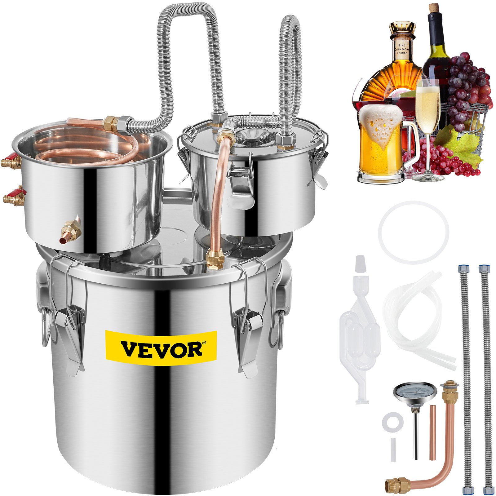 Destilador de alcohol VEVOR de 5 galones, de acero inoxidable, con tubo de cobre, termómetro y bomba de agua integrados, kit de elaboración de cerveza casera con barril doble, ideal para whisky, vino y brandy.