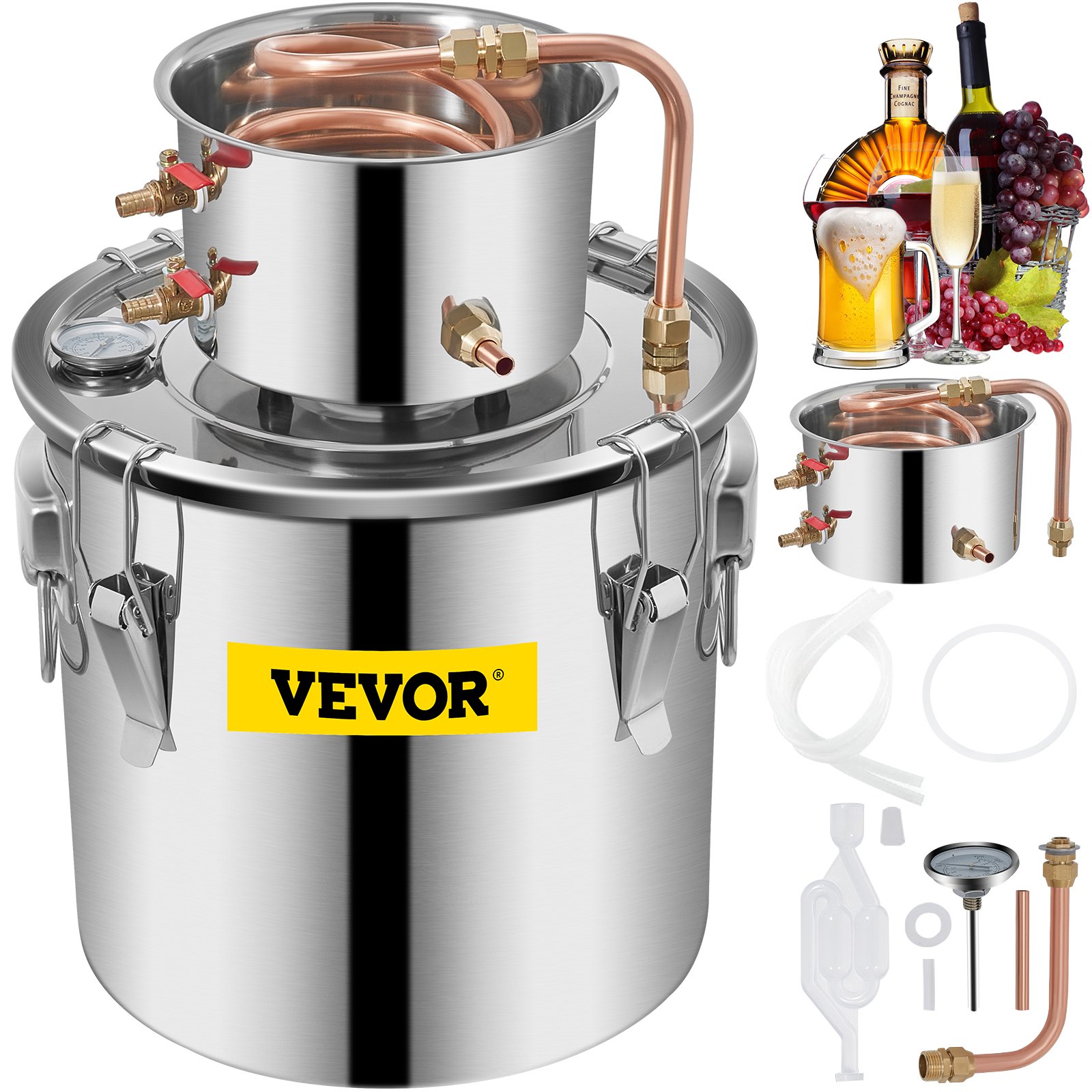 Destilador de alcohol ilegal VEVOR de 5 galones y 21 l, de acero inoxidable, con tubo de cobre, kit de elaboración casera con termómetro incorporado para whisky, vino, brandy y plata.