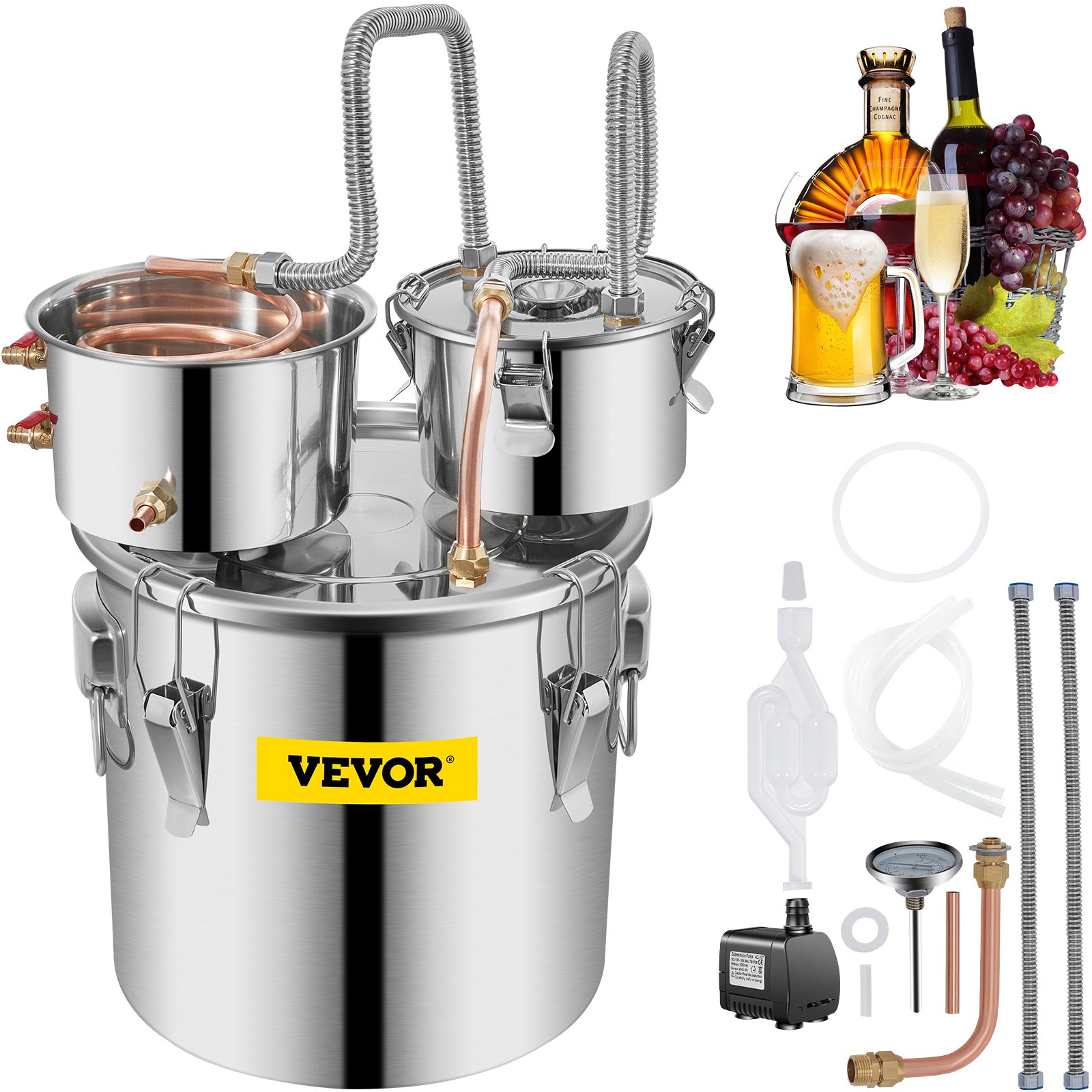 Destilador de alcohol de acero inoxidable VEVOR Moonshine, tubo de cobre con bomba de circulación, kit de elaboración de cerveza casera, termómetro incorporado para whisky, vino, brandy y licores.