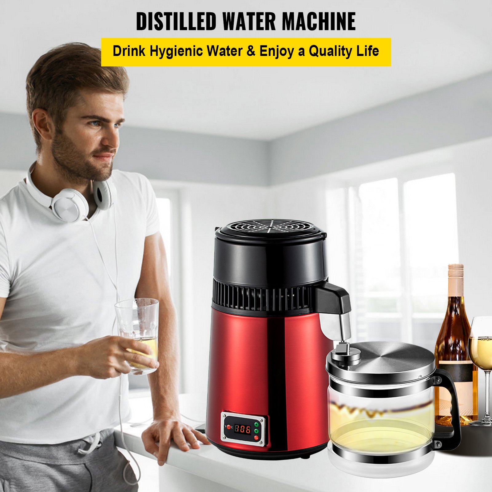 VEVOR Destilador de Agua 4L Filtro de Destilación de Agua Acero Inoxidable Rojo