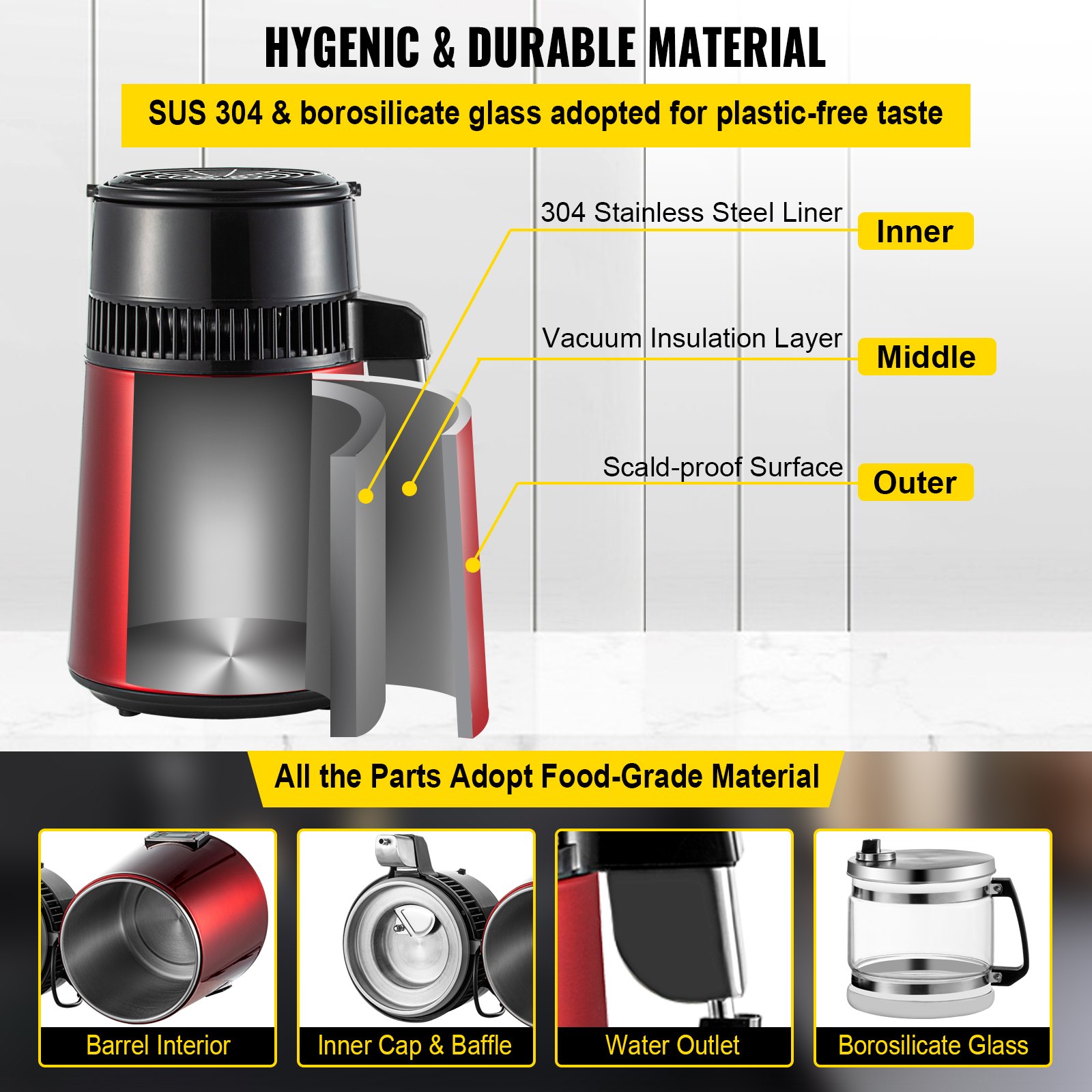 VEVOR Destilador de Agua 4L Filtro de Destilación de Agua Acero Inoxidable Rojo