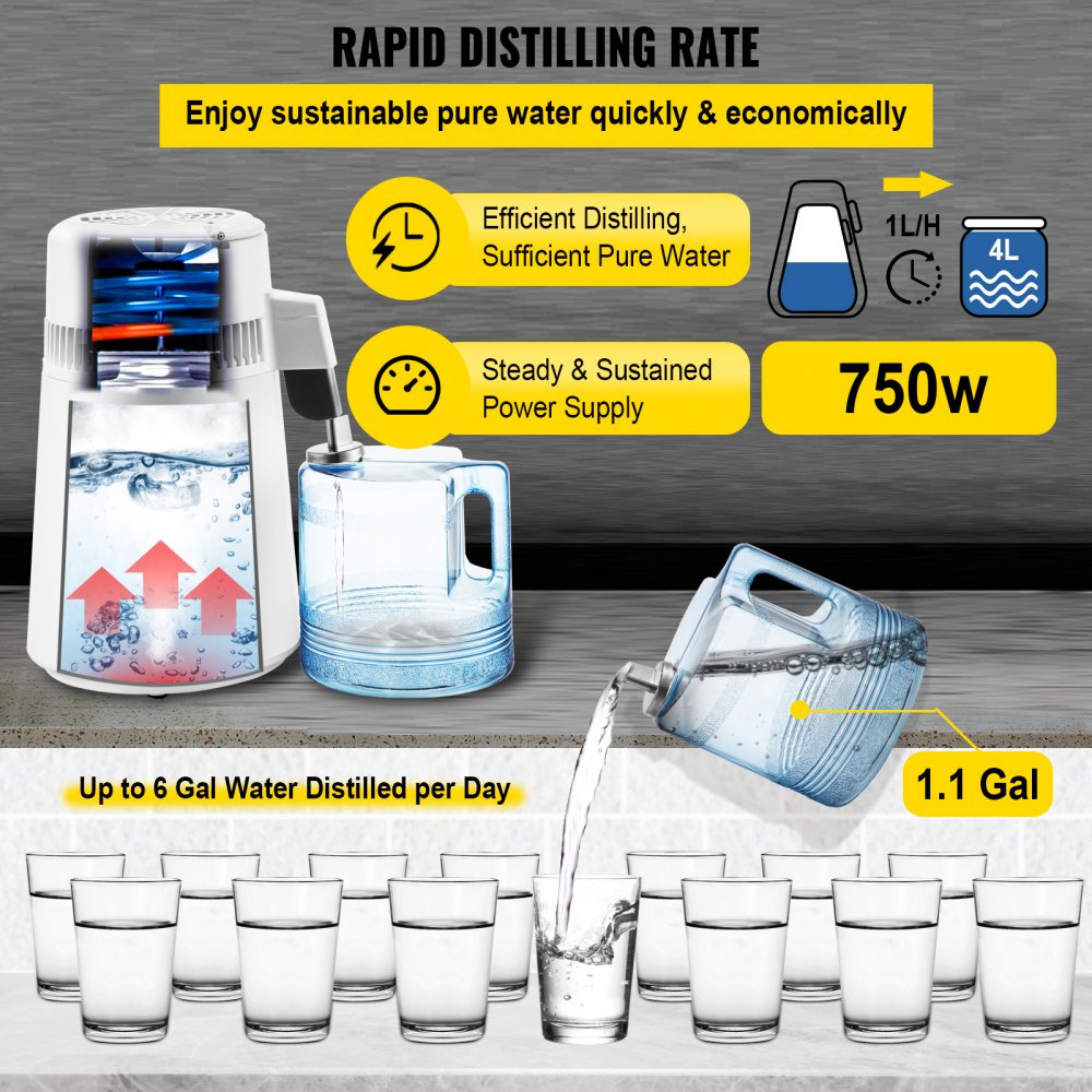 VEVOR Destilador de Agua 4L Filtro de Destilación de Agua con Jarra de Filtro 750W 1,1Gal Destilación Filtro Purificador con Botella Recolectora de Vidrio Temperatura Ajustable Acero Inoxidable Blanco
