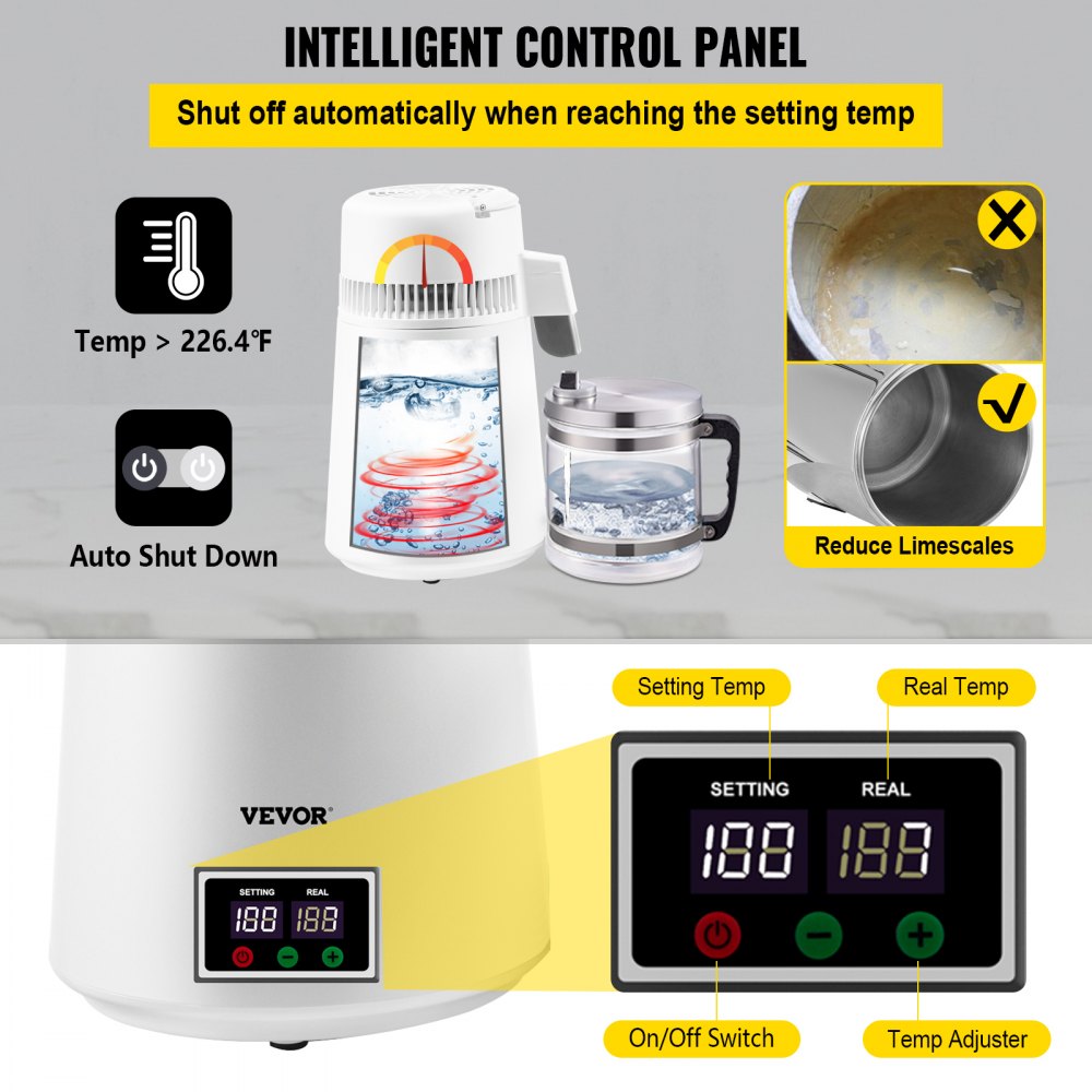 VEVOR Destilador de Agua 4L Filtro de Destilación de Agua con Jarra de Filtro 750W 1,1Gal Destilación Filtro Purificador con Botella Recolectora de Vidrio Temperatura Ajustable Acero Inoxidable Blanco