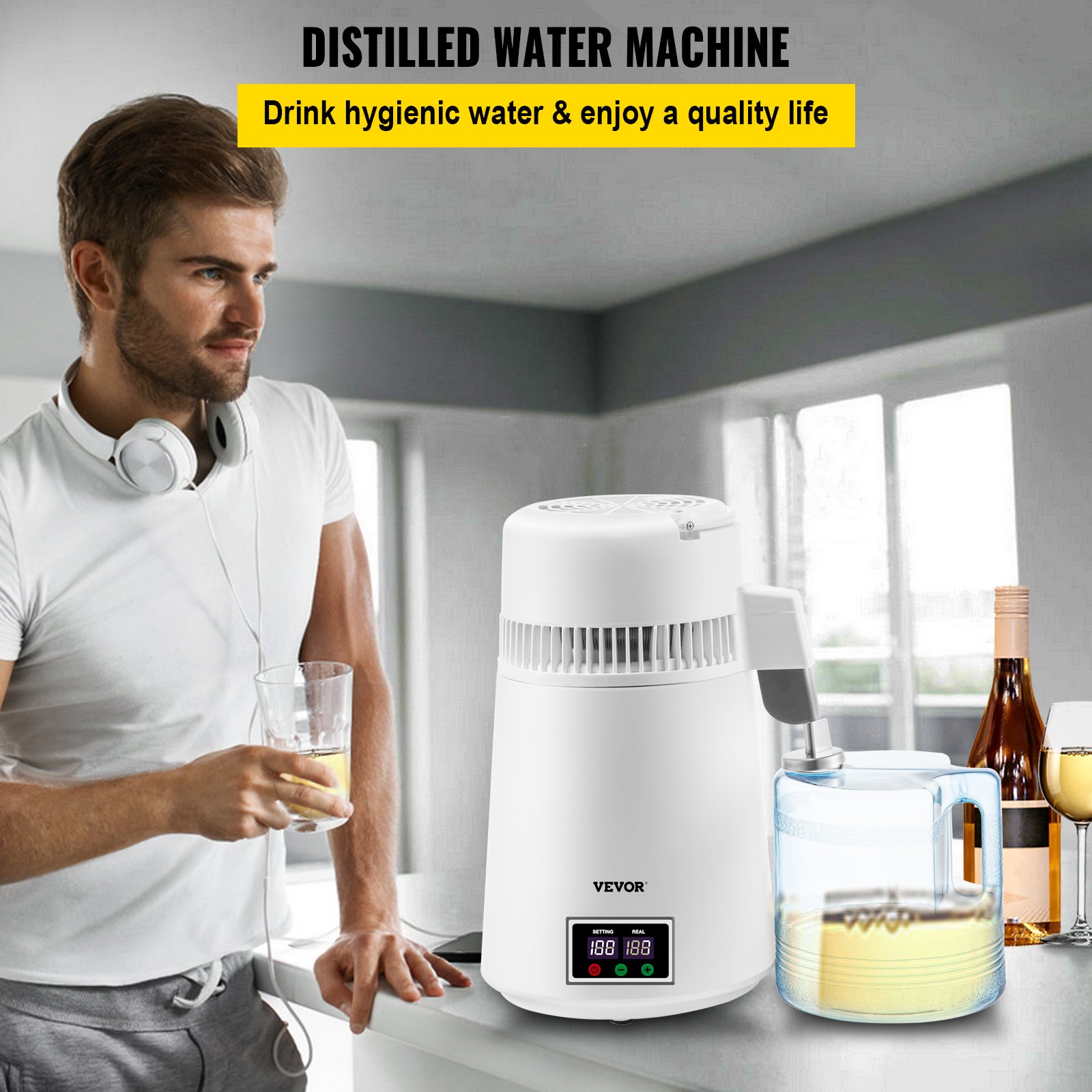 VEVOR Destilador de Agua 4L Filtro de Destilación de Agua con Jarra de Filtro 750W 1,1Gal Destilación Filtro Purificador con Botella Recolectora de Vidrio Temperatura Ajustable Acero Inoxidable Blanco