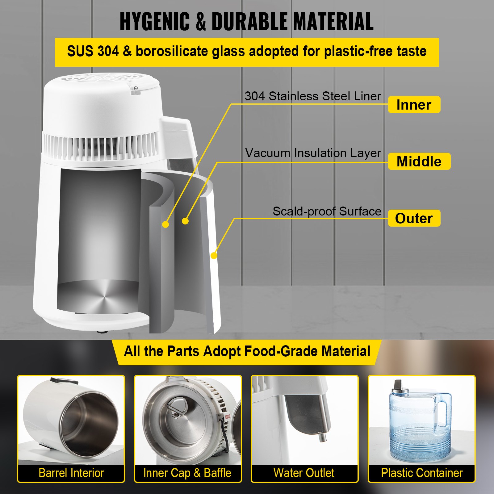 VEVOR Destilador de Agua 4L Filtro de Destilación de Agua con Jarra de Filtro 750W 1,1Gal Destilación Filtro Purificador con Botella Recolectora de Vidrio Temperatura Ajustable Acero Inoxidable Blanco