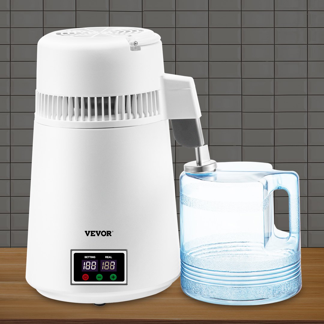 VEVOR Destilador de Agua 4L Filtro de Destilación de Agua con Jarra de Filtro 750W 1,1Gal Destilación Filtro Purificador con Botella Recolectora de Vidrio Temperatura Ajustable Acero Inoxidable Blanco