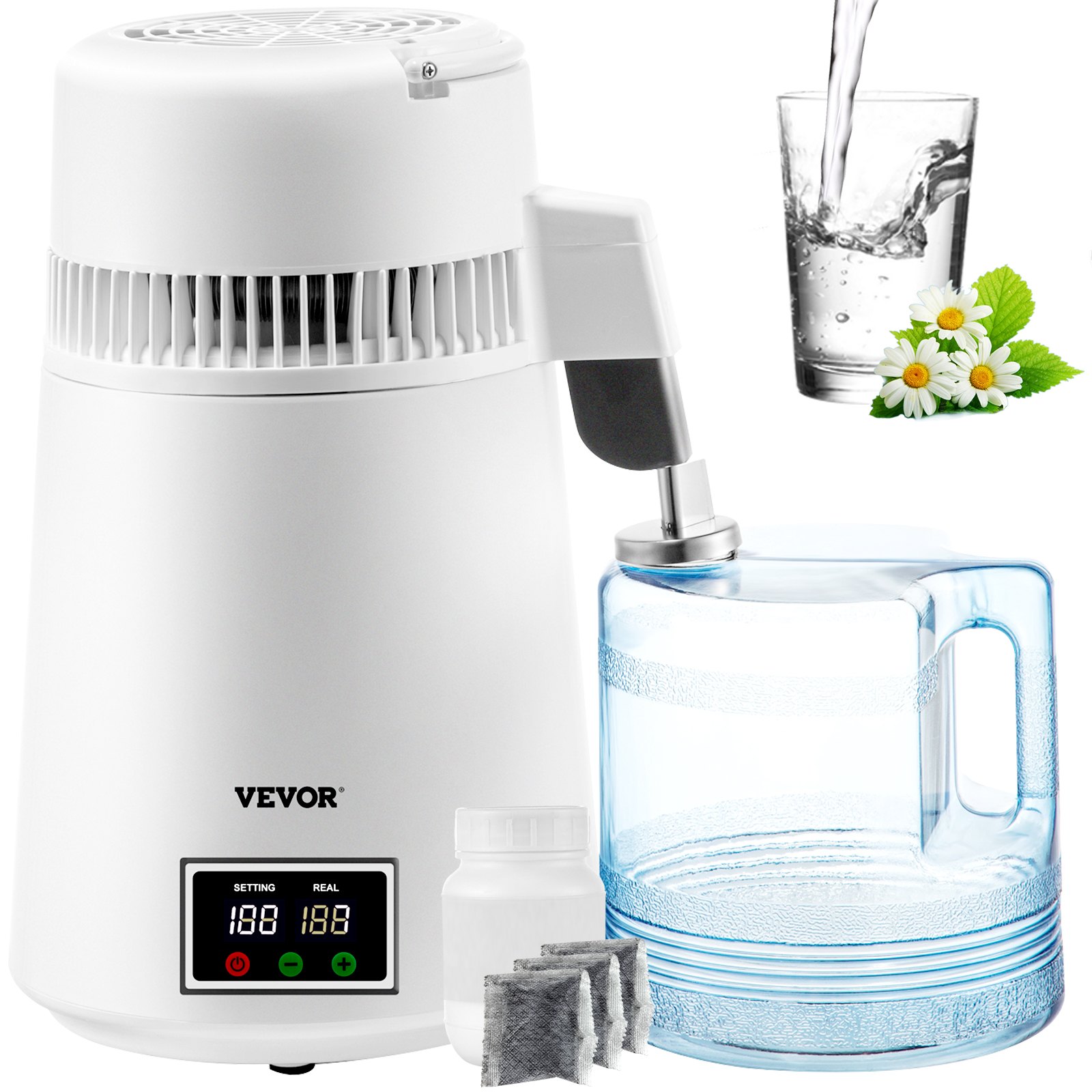 VEVOR Destilador de Agua 4L Filtro de Destilación de Agua con Jarra de Filtro 750W 1,1Gal Destilación Filtro Purificador con Botella Recolectora de Vidrio Temperatura Ajustable Acero Inoxidable Blanco