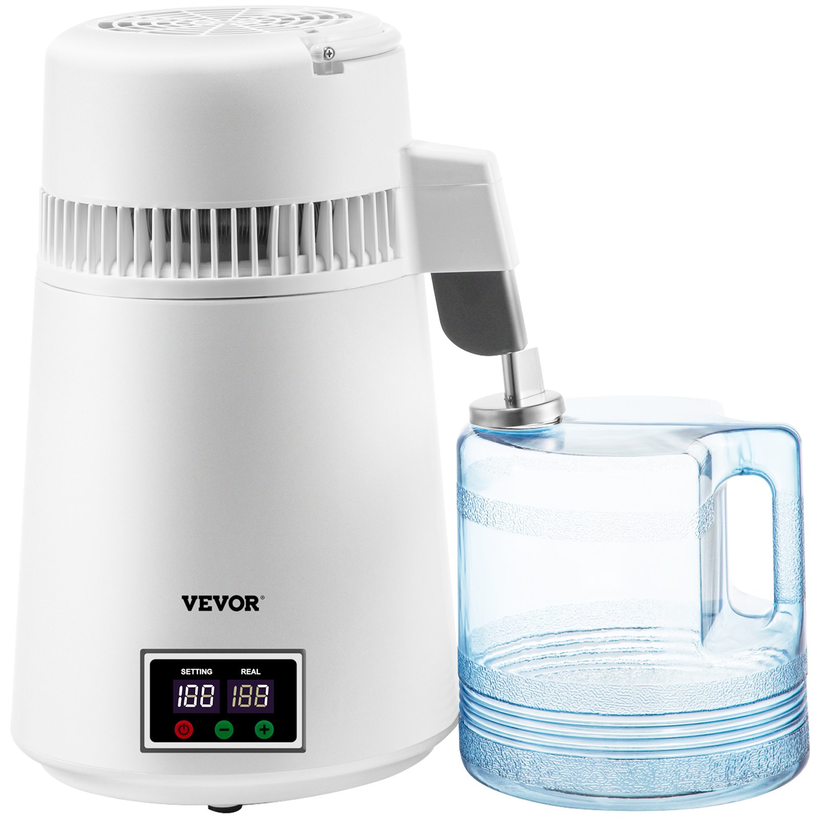 VEVOR Destilador de Agua 4L Filtro de Destilación de Agua con Jarra de Filtro 750W 1,1Gal Destilación Filtro Purificador con Botella Recolectora de Vidrio Temperatura Ajustable Acero Inoxidable Blanco