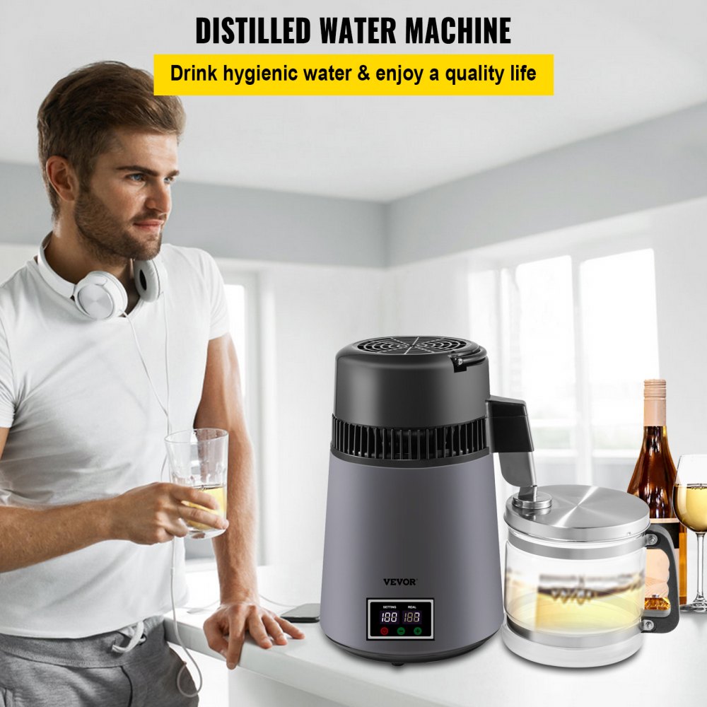 VEVOR Destilador de Agua 4 L Filtro de Destilación de Agua con Jarra de Filtro 750 W 1 L/H Destilación Filtro Purificador con Botella Recolectora de Vidrio Temperatura Ajustable Acero Inoxidable Gris
