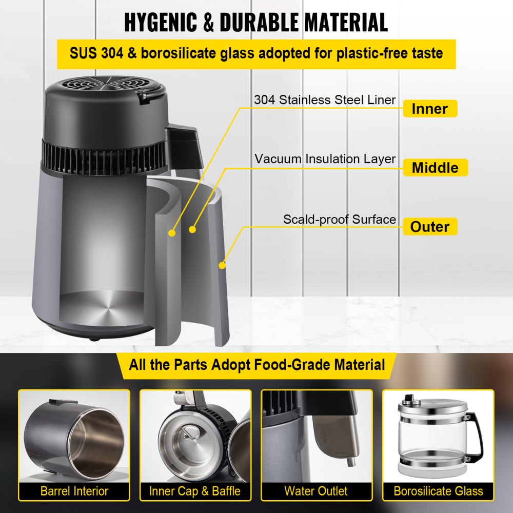 VEVOR Destilador de Agua 4 L Filtro de Destilación de Agua con Jarra de Filtro 750 W 1 L/H Destilación Filtro Purificador con Botella Recolectora de Vidrio Temperatura Ajustable Acero Inoxidable Gris