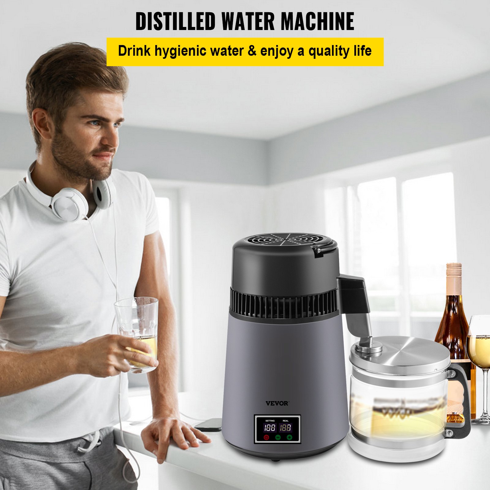 VEVOR Destilador de Agua 4 L Filtro de Destilación de Agua con Jarra de Filtro 750 W 1 L/H Destilación Filtro Purificador con Botella Recolectora de Vidrio Temperatura Ajustable Acero Inoxidable Gris