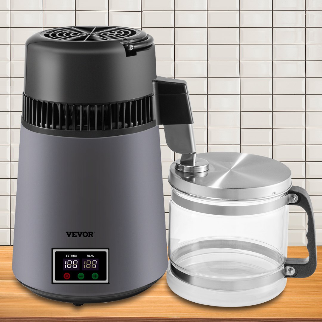 VEVOR Destilador de Agua 4 L Filtro de Destilación de Agua con Jarra de Filtro 750 W 1 L/H Destilación Filtro Purificador con Botella Recolectora de Vidrio Temperatura Ajustable Acero Inoxidable Gris
