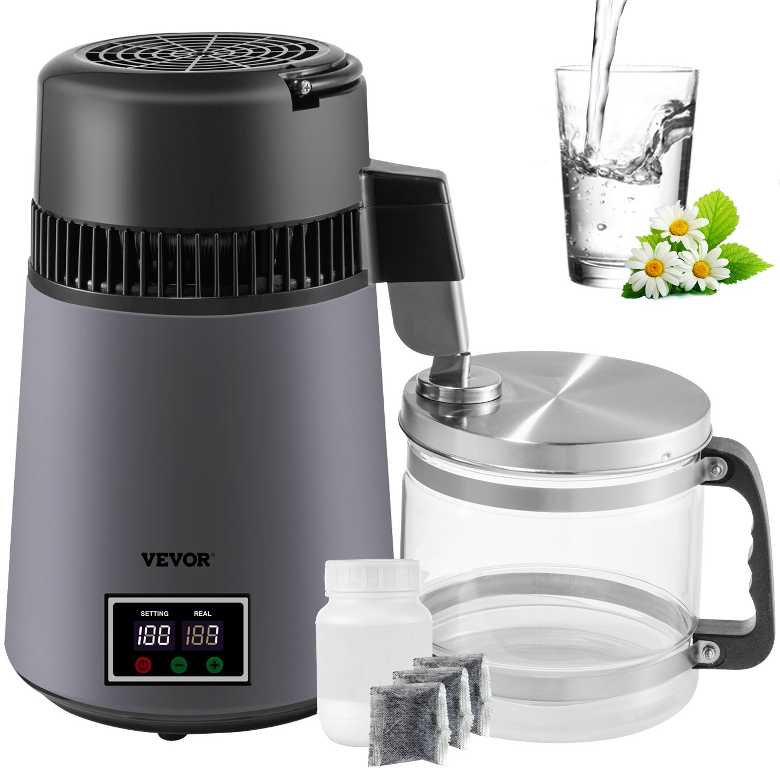 VEVOR Destilador de Agua 4 L Filtro de Destilación de Agua con Jarra de Filtro 750 W 1 L/H Destilación Filtro Purificador con Botella Recolectora de Vidrio Temperatura Ajustable Acero Inoxidable Gris