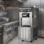 Máquina de helado comercial VEVOR en una cocina de acero inoxidable al lado de estufas industriales.