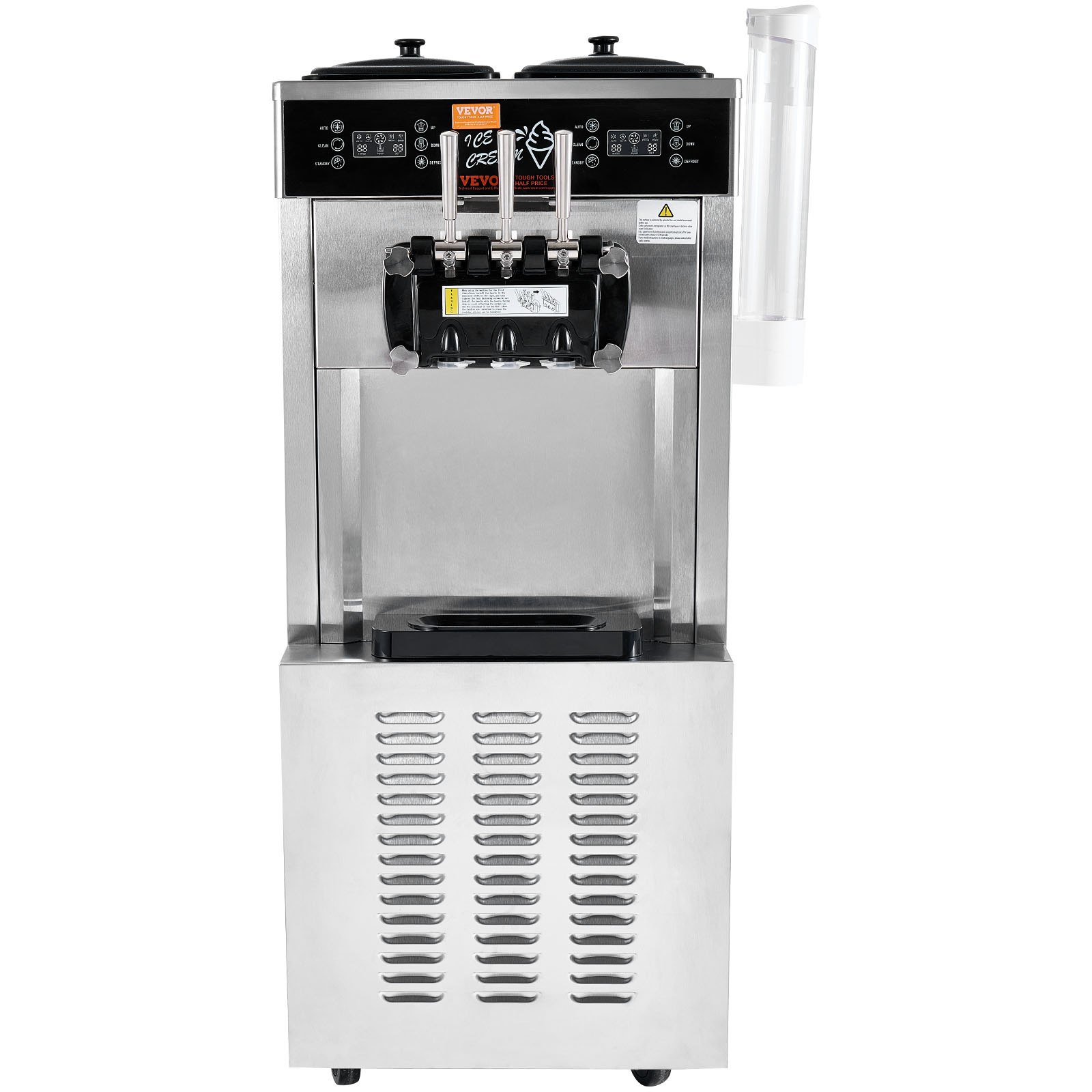 Máquina de helado comercial VEVOR con dispensadores duales y cuerpo de acero inoxidable.