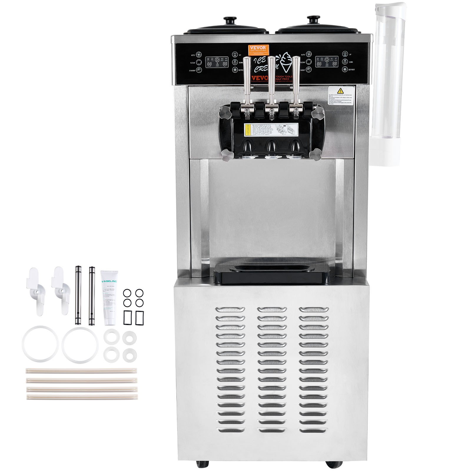 Máquina de helado comercial VEVOR con tolvas dobles, panel de control y accesorios incluidos.