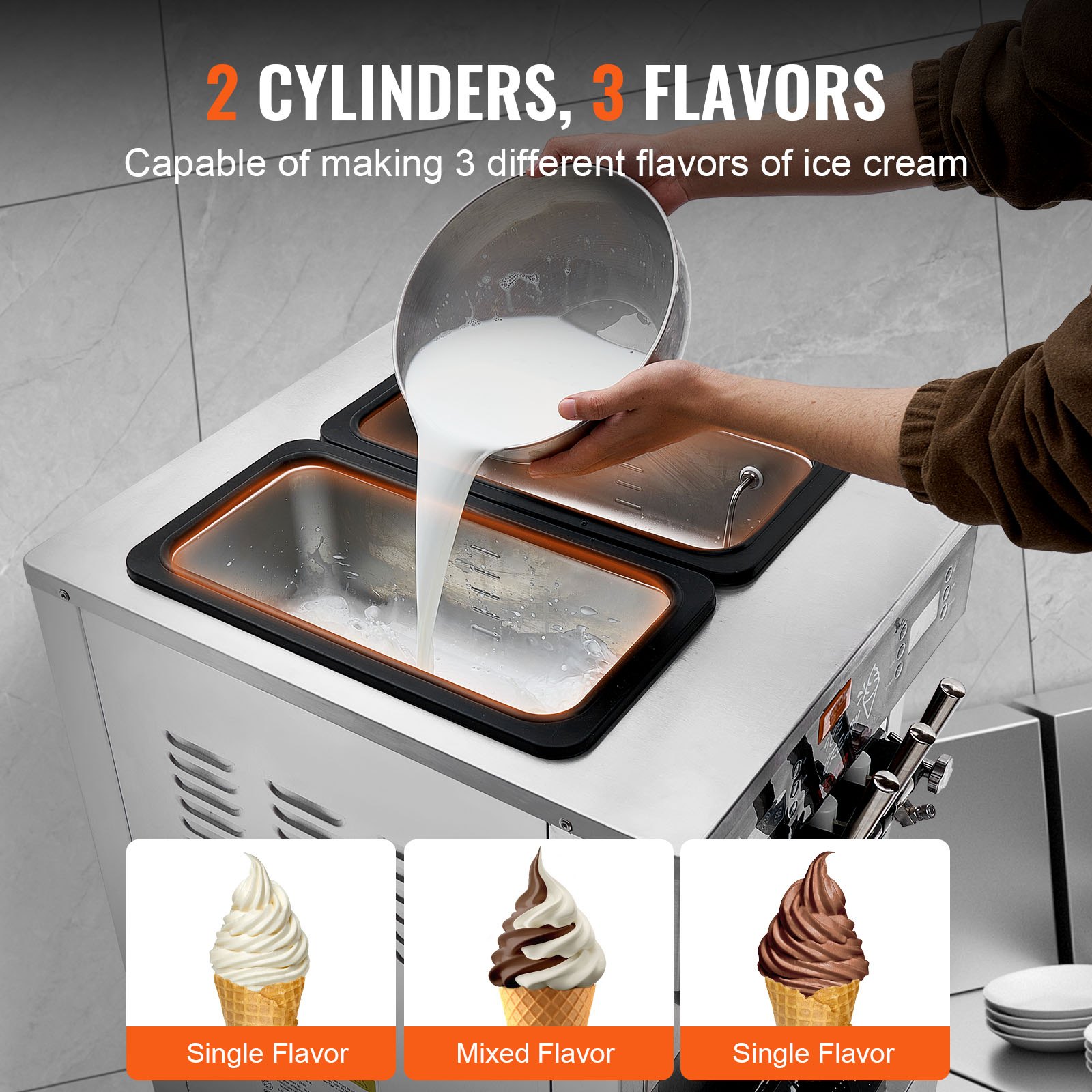 Máquina de helados comercial VEVOR, rendimiento de 34-44 l/h, máquina de helado suave independiente de 3400 W con 3 sabores, tolva de acero inoxidable de 2 x 9 l, panel LED que permite el uso de un solo cilindro y refrigeración nocturna.