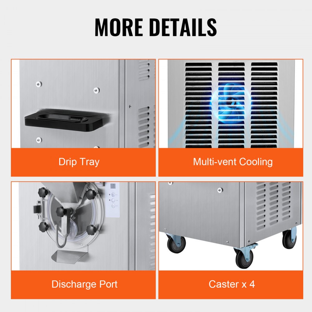 Máquina de helados comercial VEVOR, rendimiento de 20-25 l/h, 2400 W, máquina para hacer helados duros de un sabor, cilindro de acero inoxidable de 8 l, pantalla digital, limpieza automática, dureza ajustable, para restaurantes y bares.