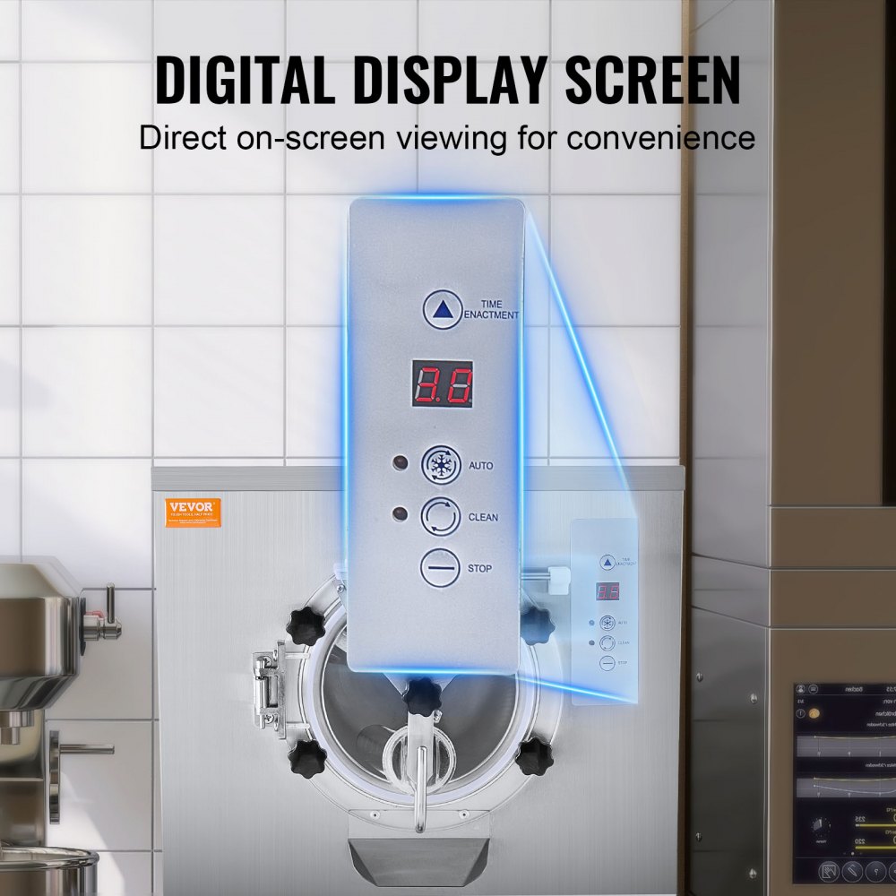 Máquina de helados comercial VEVOR, rendimiento de 20-25 l/h, 2400 W, máquina para hacer helados duros de un sabor, cilindro de acero inoxidable de 8 l, pantalla digital, limpieza automática, dureza ajustable, para restaurantes y bares.