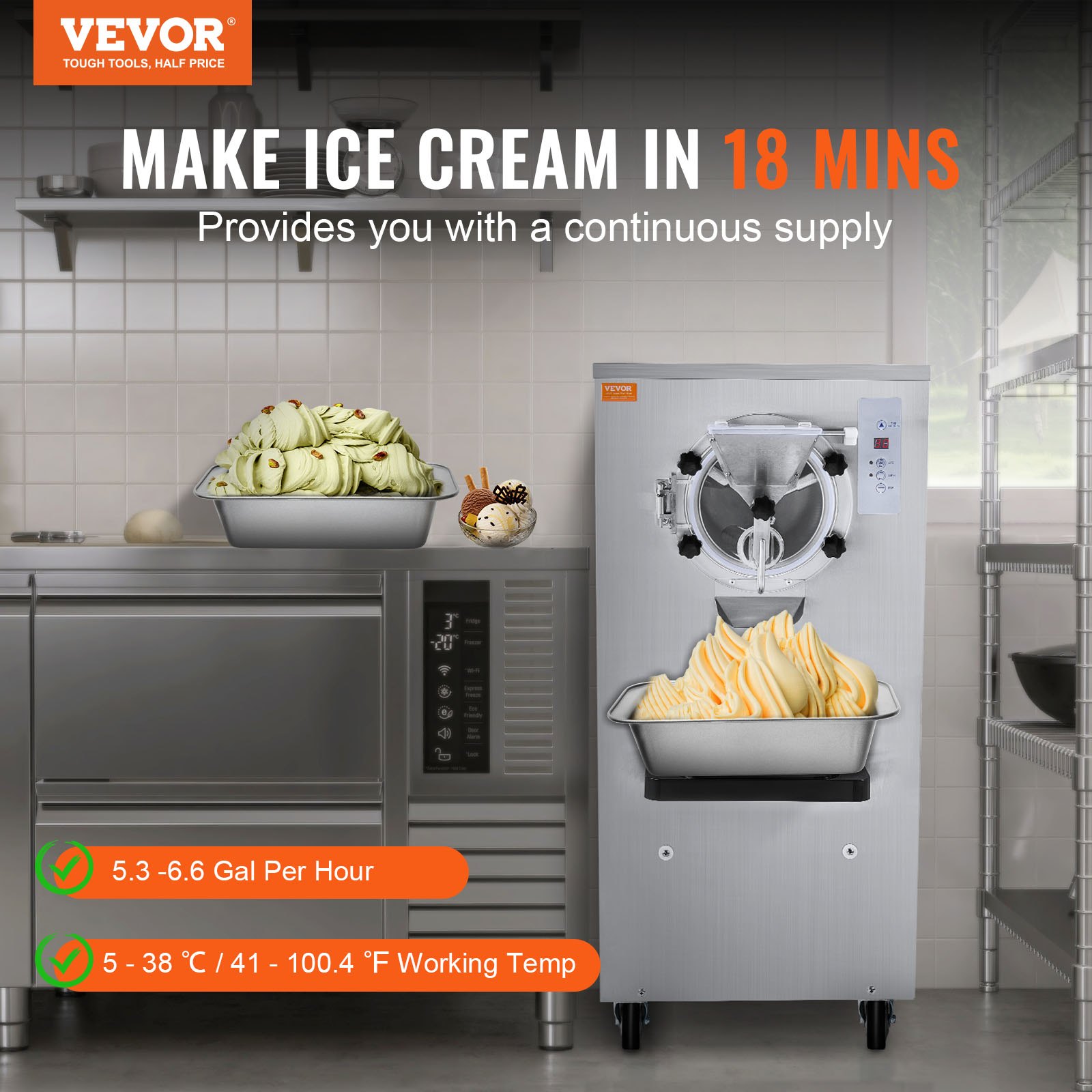 Máquina de helados comercial VEVOR, rendimiento de 20-25 l/h, 2400 W, máquina para hacer helados duros de un sabor, cilindro de acero inoxidable de 8 l, pantalla digital, limpieza automática, dureza ajustable, para restaurantes y bares.