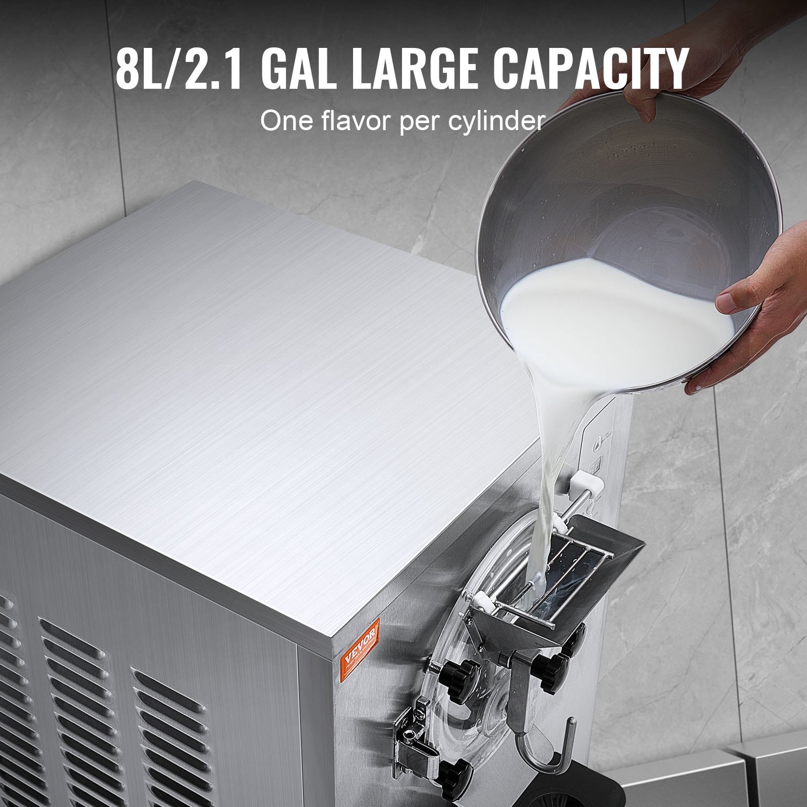 Máquina de helados comercial VEVOR, rendimiento de 20-25 l/h, 2400 W, máquina para hacer helados duros de un sabor, cilindro de acero inoxidable de 8 l, pantalla digital, limpieza automática, dureza ajustable, para restaurantes y bares.