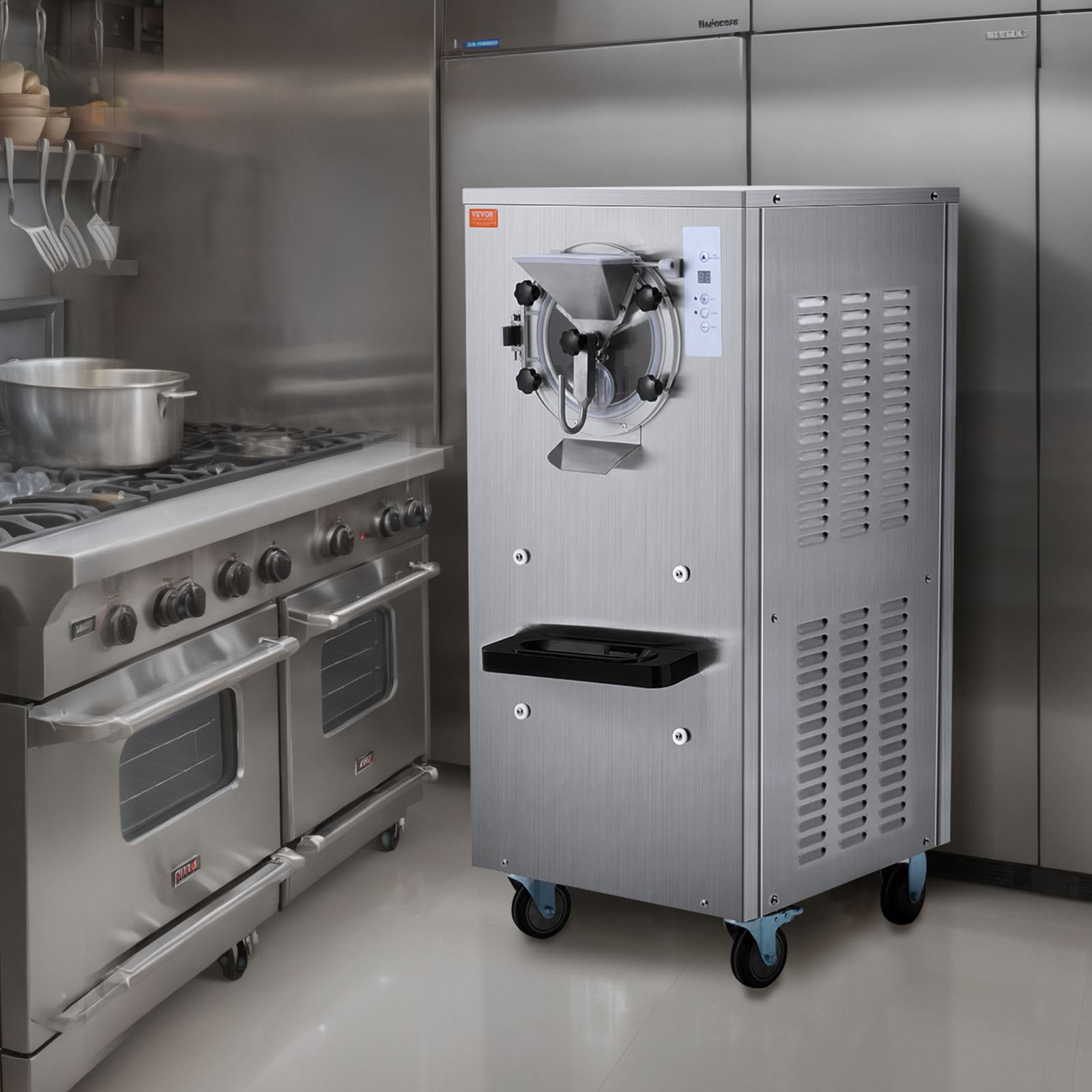 Máquina de helados comercial VEVOR, rendimiento de 20-25 l/h, 2400 W, máquina para hacer helados duros de un sabor, cilindro de acero inoxidable de 8 l, pantalla digital, limpieza automática, dureza ajustable, para restaurantes y bares.