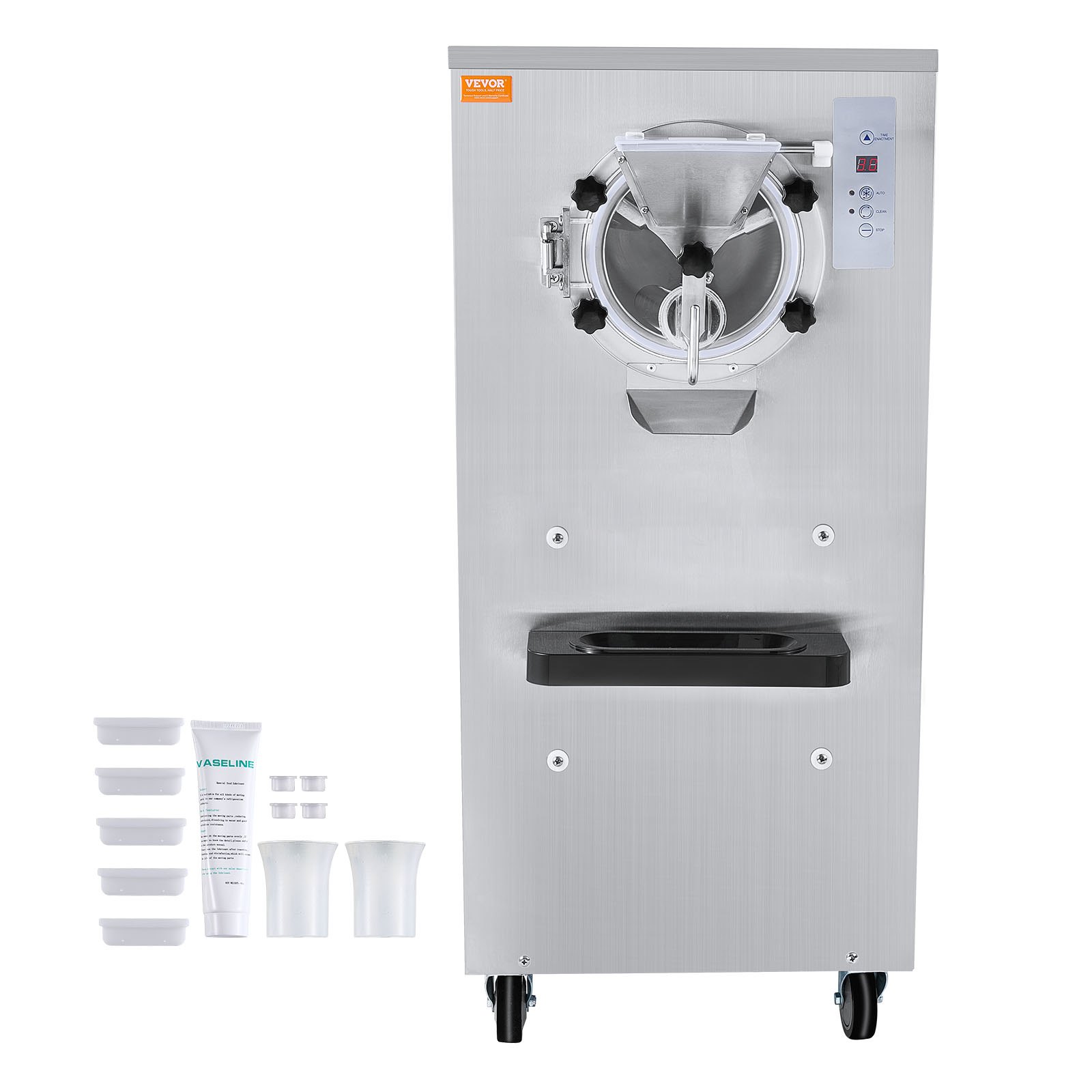 Máquina de helados comercial VEVOR, rendimiento de 20-25 l/h, 2400 W, máquina para hacer helados duros de un sabor, cilindro de acero inoxidable de 8 l, pantalla digital, limpieza automática, dureza ajustable, para restaurantes y bares.