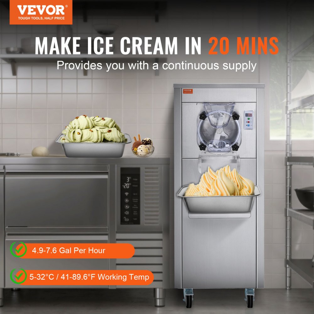 Máquina para hacer helados VEVOR para uso comercial, produce 18 litros por hora, 1780 W, ofrece un solo sabor, equipada con ruedas, cilindro de acero inoxidable de 6 L, pantalla LED, función de limpieza automática y preenfriamiento