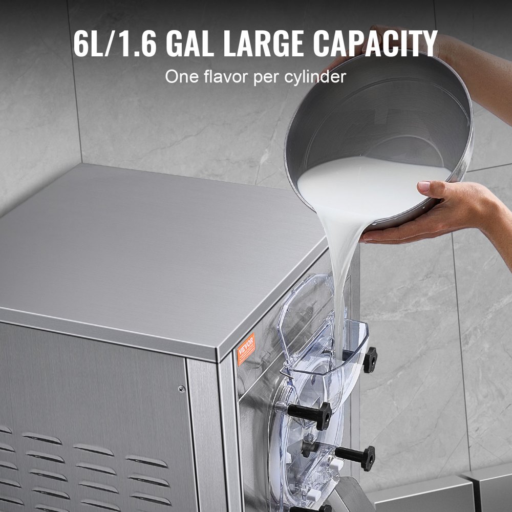 Máquina para hacer helados VEVOR para uso comercial, produce 18 litros por hora, 1780 W, ofrece un solo sabor, equipada con ruedas, cilindro de acero inoxidable de 6 L, pantalla LED, función de limpieza automática y preenfriamiento