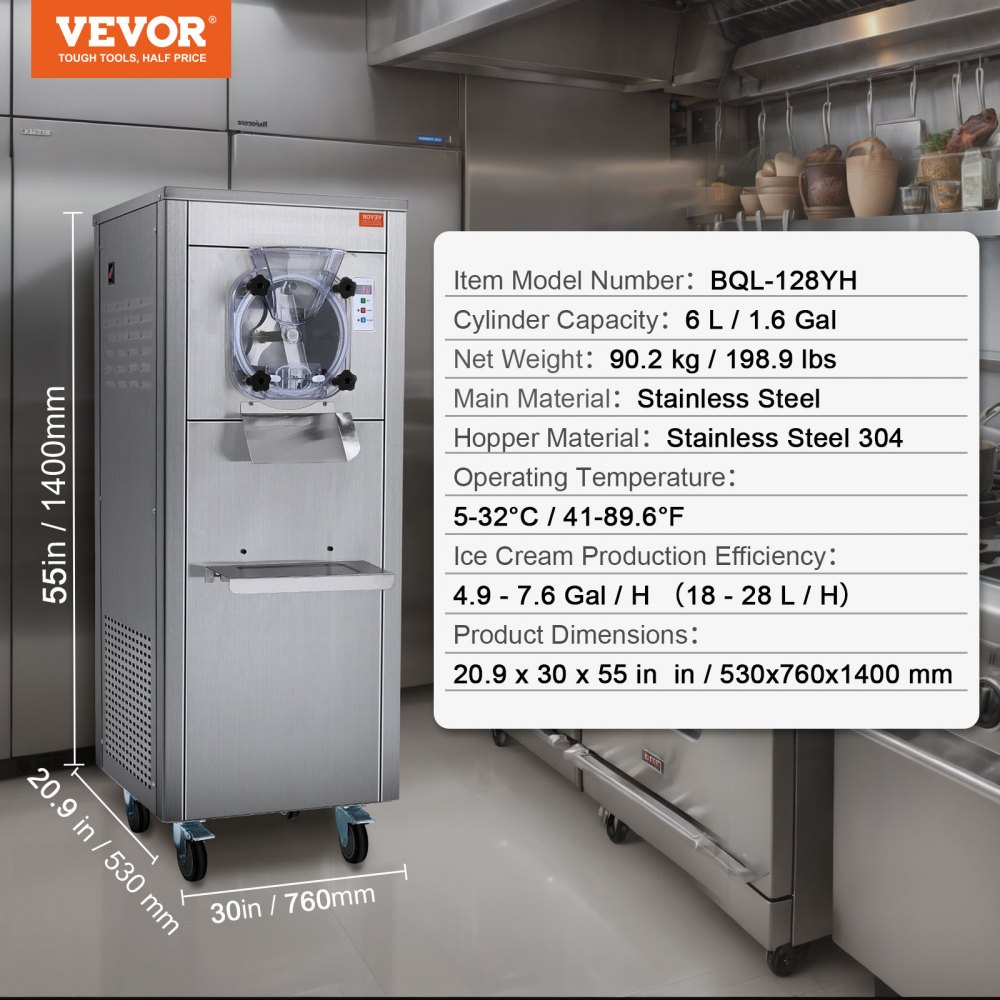 Máquina para hacer helados VEVOR para uso comercial, produce 18 litros por hora, 1780 W, ofrece un solo sabor, equipada con ruedas, cilindro de acero inoxidable de 6 L, pantalla LED, función de limpieza automática y preenfriamiento