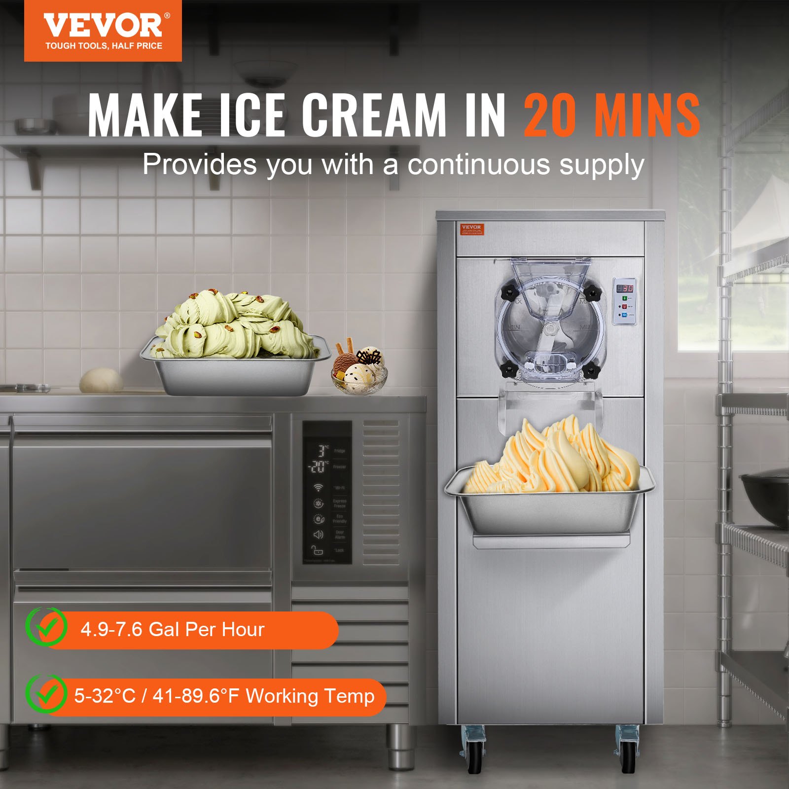 Máquina para hacer helados VEVOR para uso comercial, produce 18 litros por hora, 1780 W, ofrece un solo sabor, equipada con ruedas, cilindro de acero inoxidable de 6 L, pantalla LED, función de limpieza automática y preenfriamiento