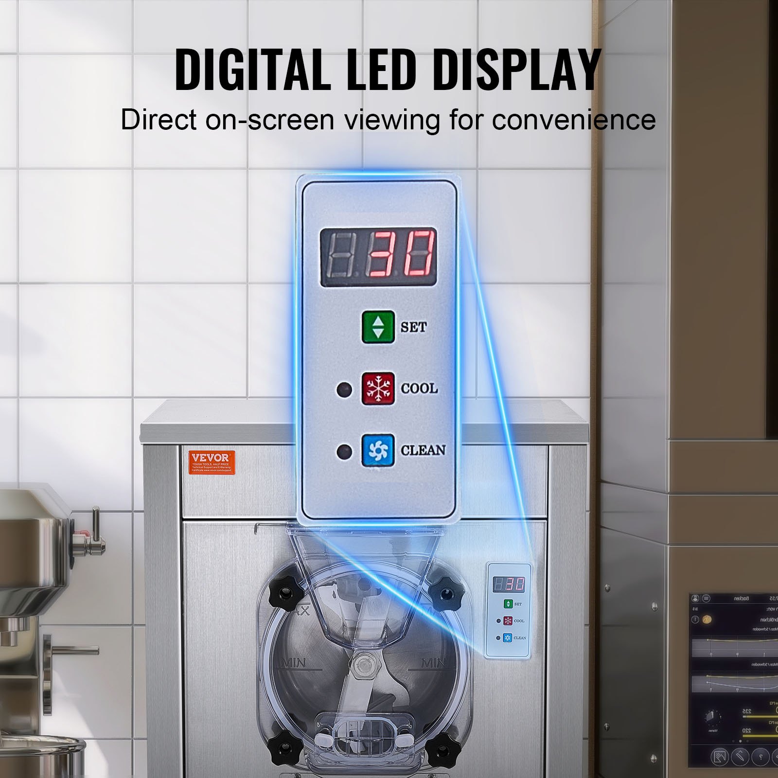 Máquina para hacer helados VEVOR para uso comercial, produce 18 litros por hora, 1780 W, ofrece un solo sabor, equipada con ruedas, cilindro de acero inoxidable de 6 L, pantalla LED, función de limpieza automática y preenfriamiento
