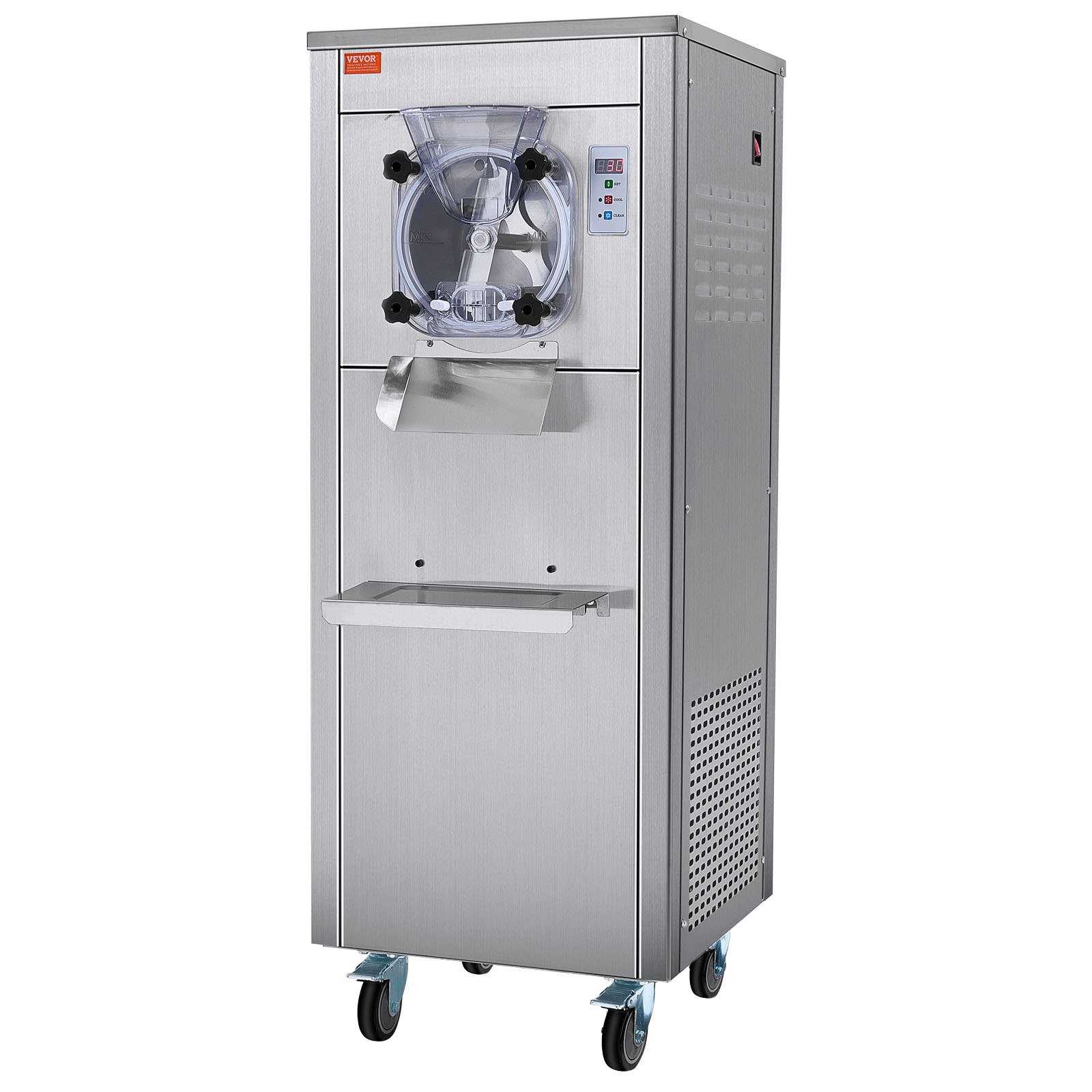 Máquina para hacer helados VEVOR para uso comercial, produce 18 litros por hora, 1780 W, ofrece un solo sabor, equipada con ruedas, cilindro de acero inoxidable de 6 L, pantalla LED, función de limpieza automática y preenfriamiento