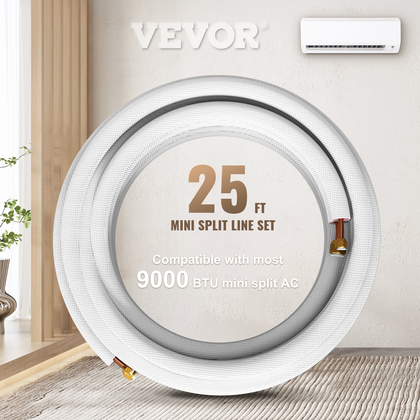 VEVOR Mini Split Línea de cobre Set 25ft Longitud, 3/8" & 1/4" OD Cobre Tubos para Mini Split Aire Acondicionado, Flared Copper Lines White, Mini Split Line Set para Sistema de Bomba de Calor, Line Set para 9000 BTU